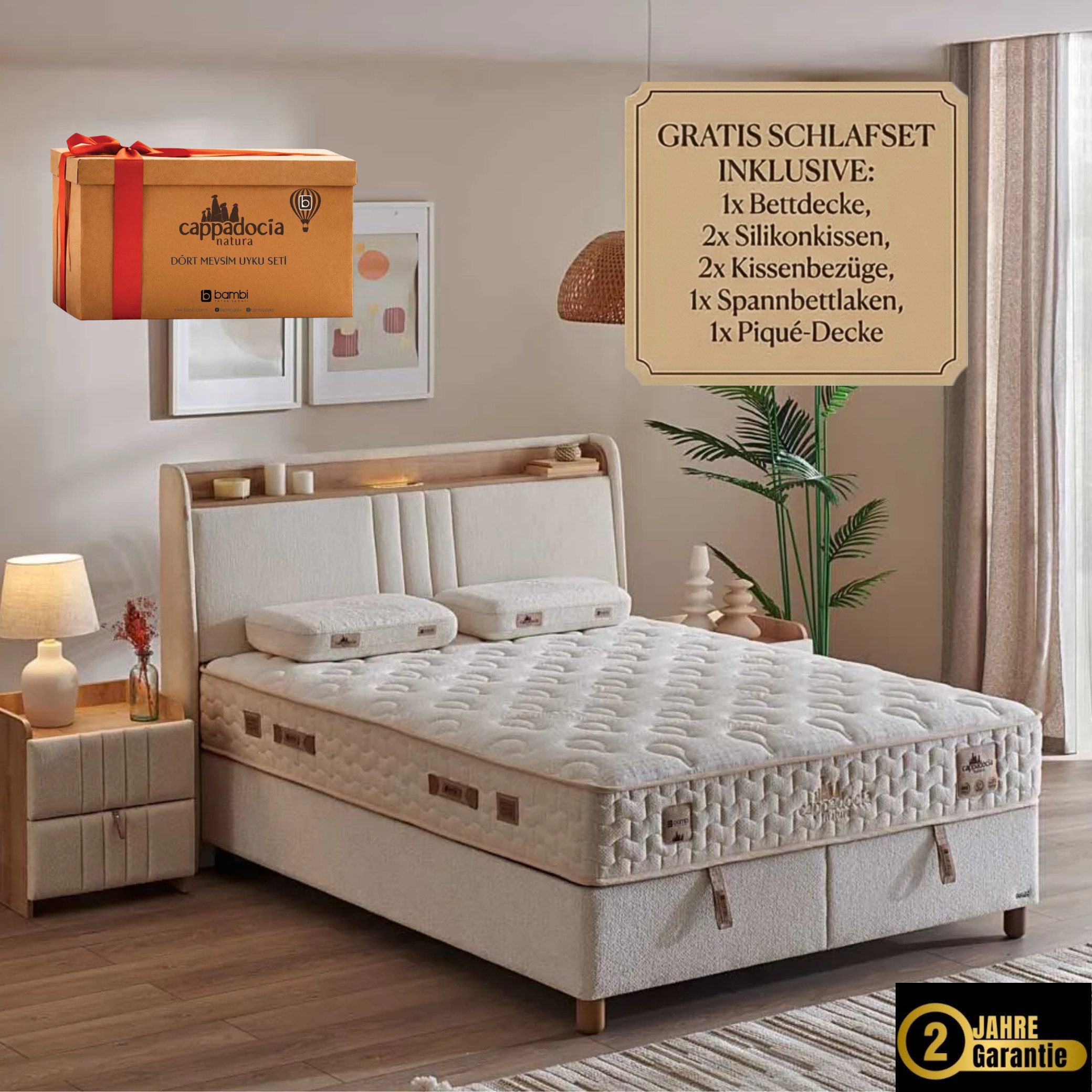 Bambi Boxspringbett mit Bettkasten mit Matratzen Cappadocia Set Stauraum 7-Komfortzonen (Set, 1 x H3 Mittelfest Matratze, 2 x Bettkästen, 1 Kopfteil), LED Beleuchtung mit USB & Type-C