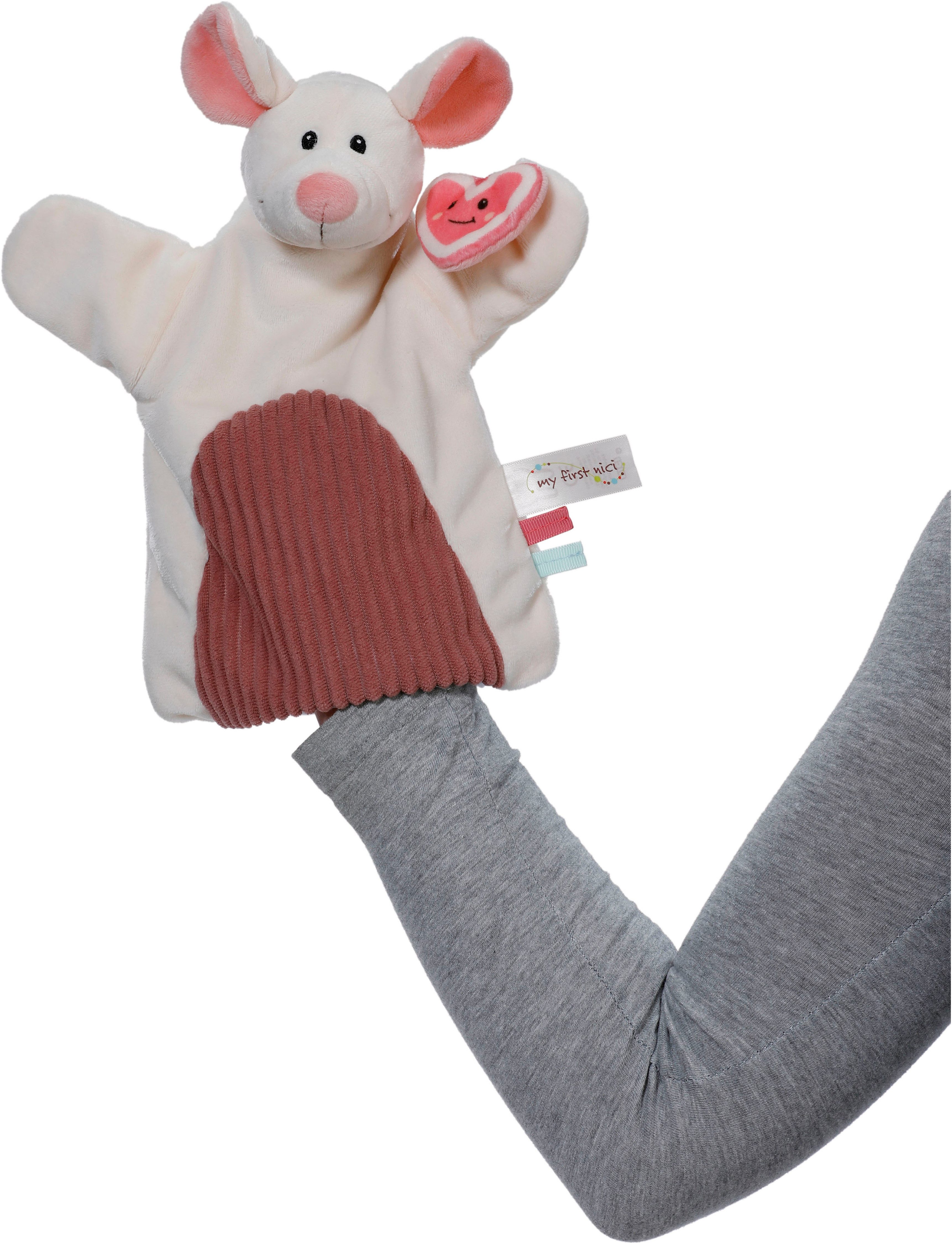 Nici Schmusetuch My first NICI, Handpuppe Maus 2in1 26x25 cm, sanfte Materialmix aus glattem und geripptem Plüsch