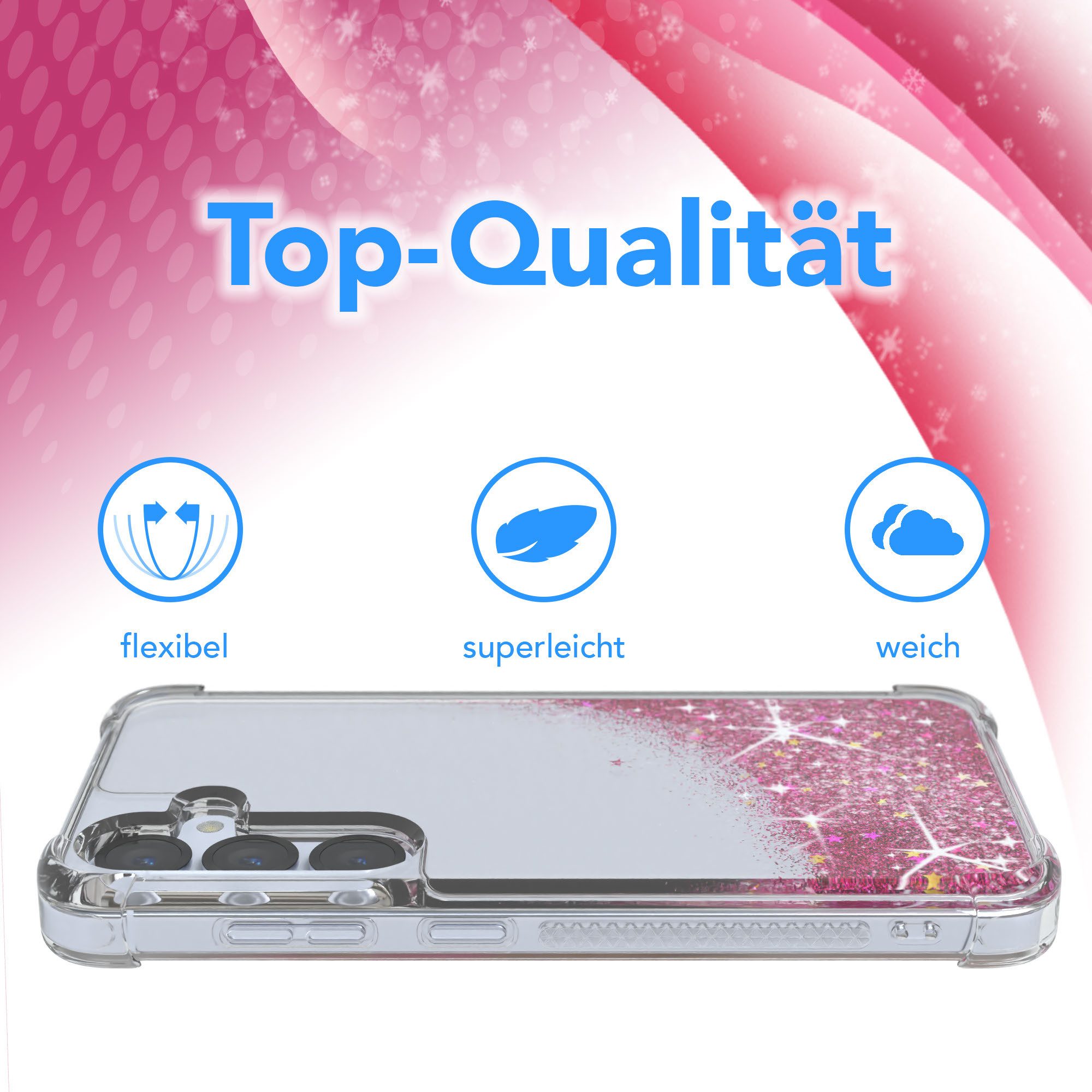 EAZY CASE Handyhülle Liquid Glittery Case für Samsung Galaxy S25 6,2 Zoll, Glitzerhülle Shiny Slimcover stoßfest Durchsichtig Bumper Case Pink