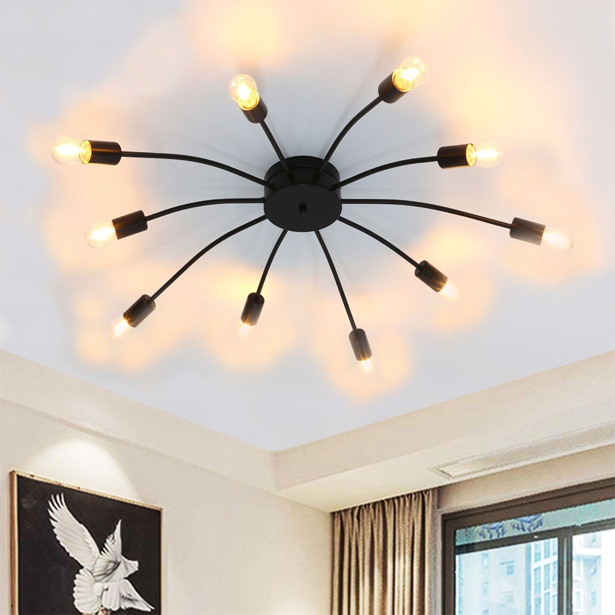 LETGOSPT Deckenleuchte Vintage Deckenlampe Spinne Deckenlampe Design mit Schwarz Fassungen, LED wechselbar, 10 Lichter Deckenleuchte mit E27-Sockel, Wohnzimmer Beleuchtung Leuchte Deckenleuchte ohne Glühbirne