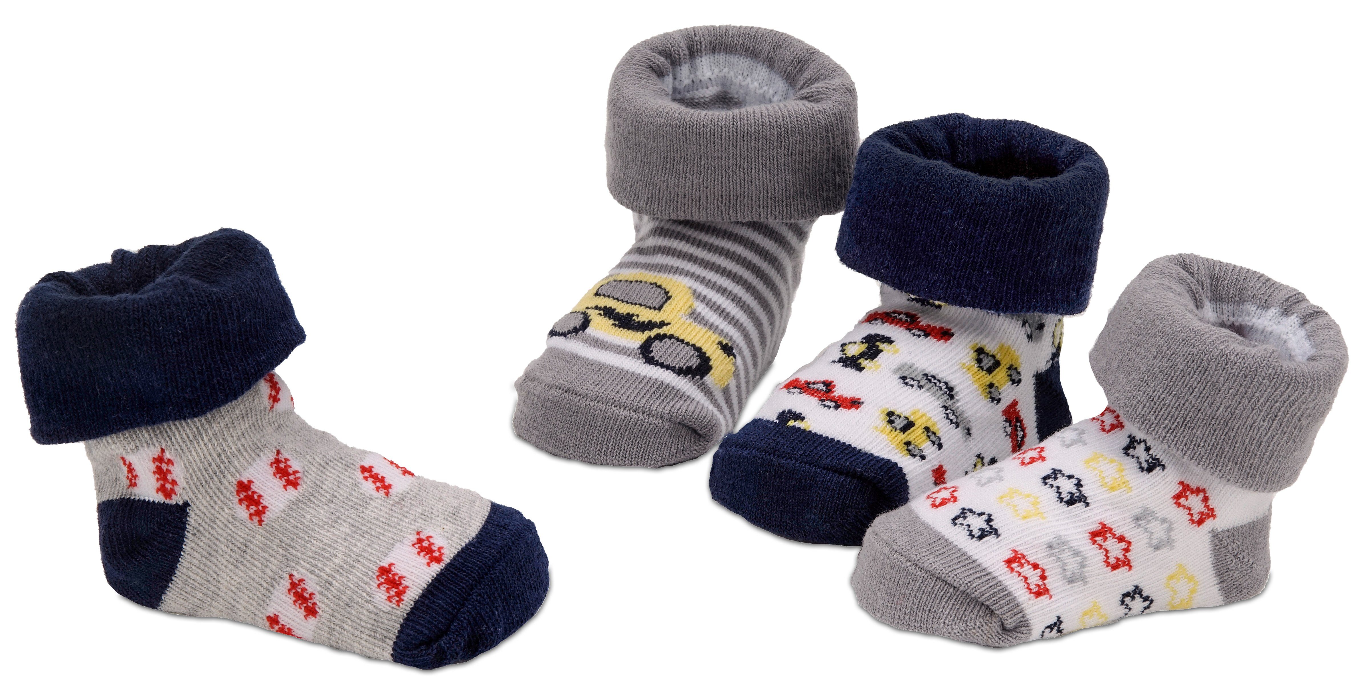 BRUBAKER Socken Babysocken für Jungen und Mädchen 0-12 Monate (4-Paar, Baumwollsocken mit Auto Motiven) Baby Geschenkset für Neugeborene in Geschenkverpackung mit Schleife