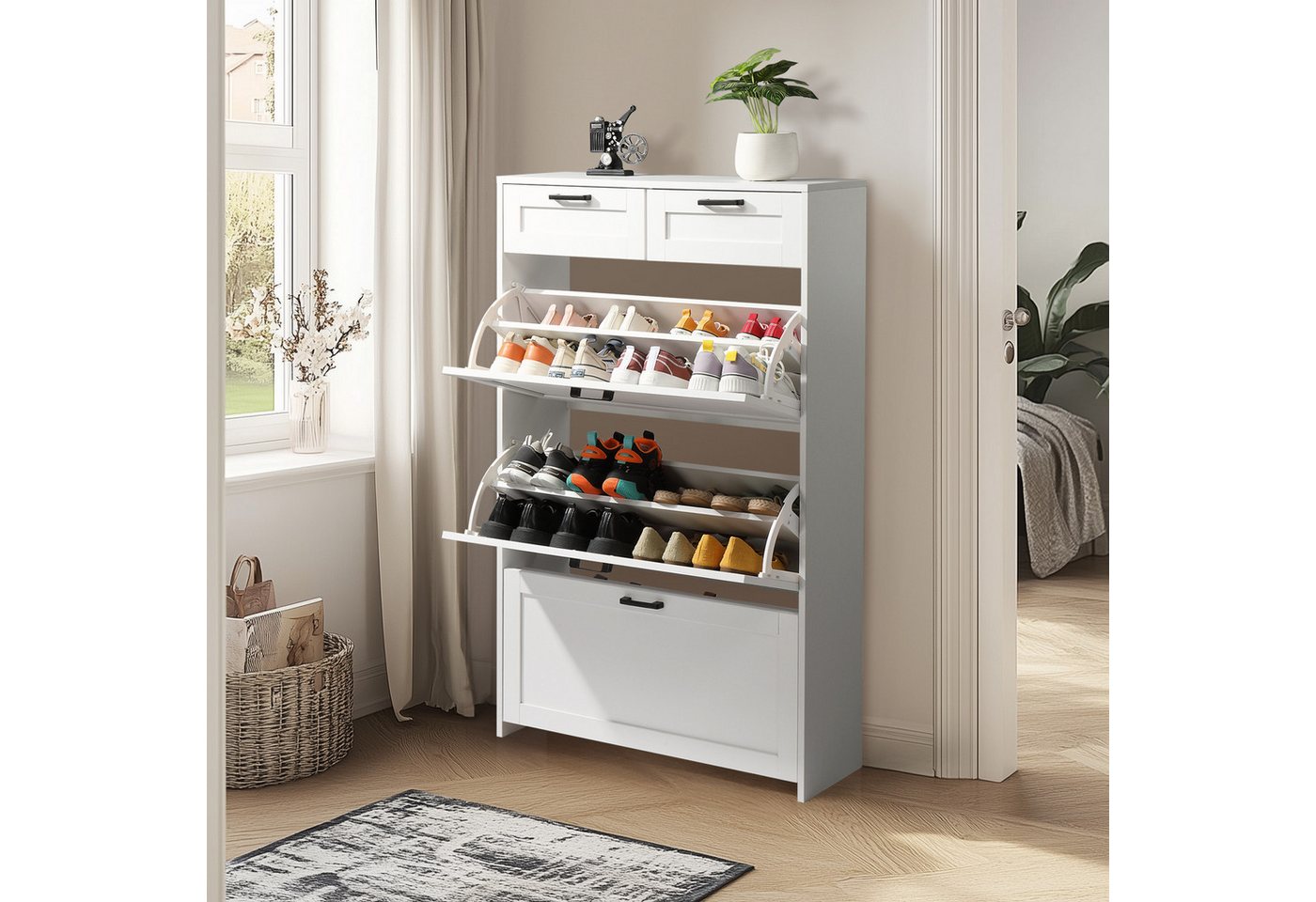 Karlhome Schuhschrank Schuhkommode mit 3 Klappen und 2 Schubladen (1-St) Schuhregal für Flur, platzsparend, 80 x 23 x 125 cm, Weiß