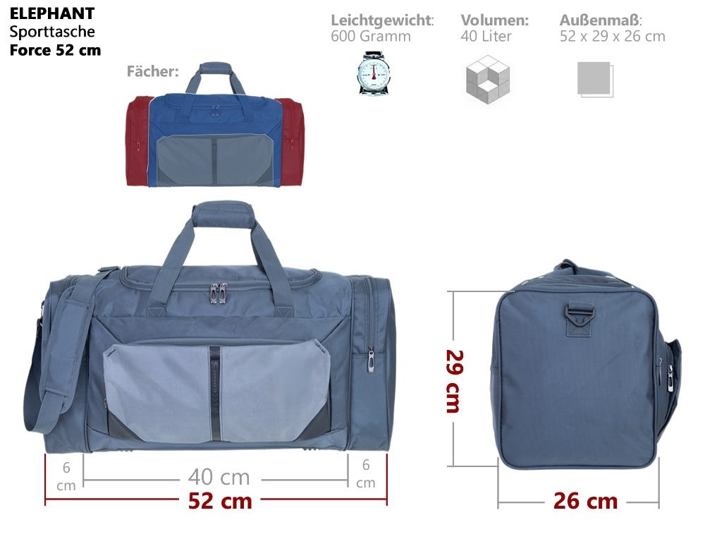 ELEPHANT Sporttasche Reisetasche Sport Tasche Sauna Fitness Force L 52 cm, 40 L Damen Herren Handgepäck Arbeit Fußball + Trinkflasche