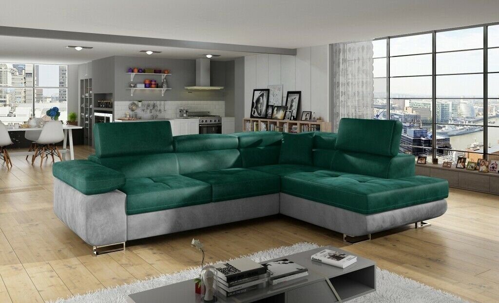 JVmoebel Ecksofa Eck Stoff Ecksofa L-Form Sofa Couch Design Couch, Made in Europe Grün/Grau