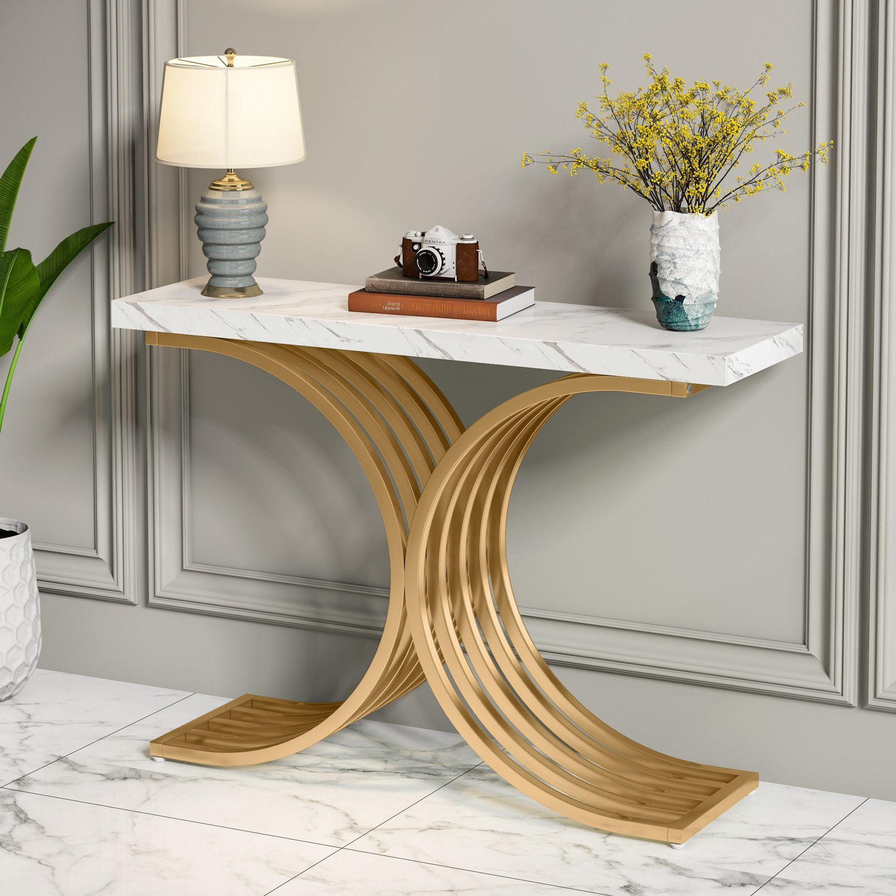 Tribesigns Konsolentisch 100 x 30 x 80 cm Schmal Flurtisch,Beistelltisch mit Gold Metallgestell (Weiß und Gold / Schwarz und Gold), Kleiner Ausstellungstisch, Sofatisch für kleinen Raum Eingang, Flur