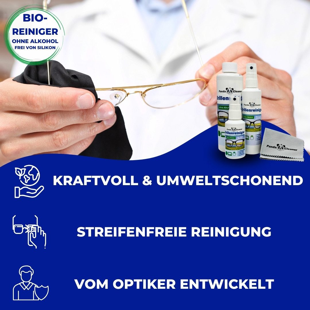PandaCleaner Brillenreiniger - Bio-Konzentrat - Anti-Beschlag-Formel Glasreiniger (Set, [2-St. 250ml Flaschen + Mikrofasertuch)