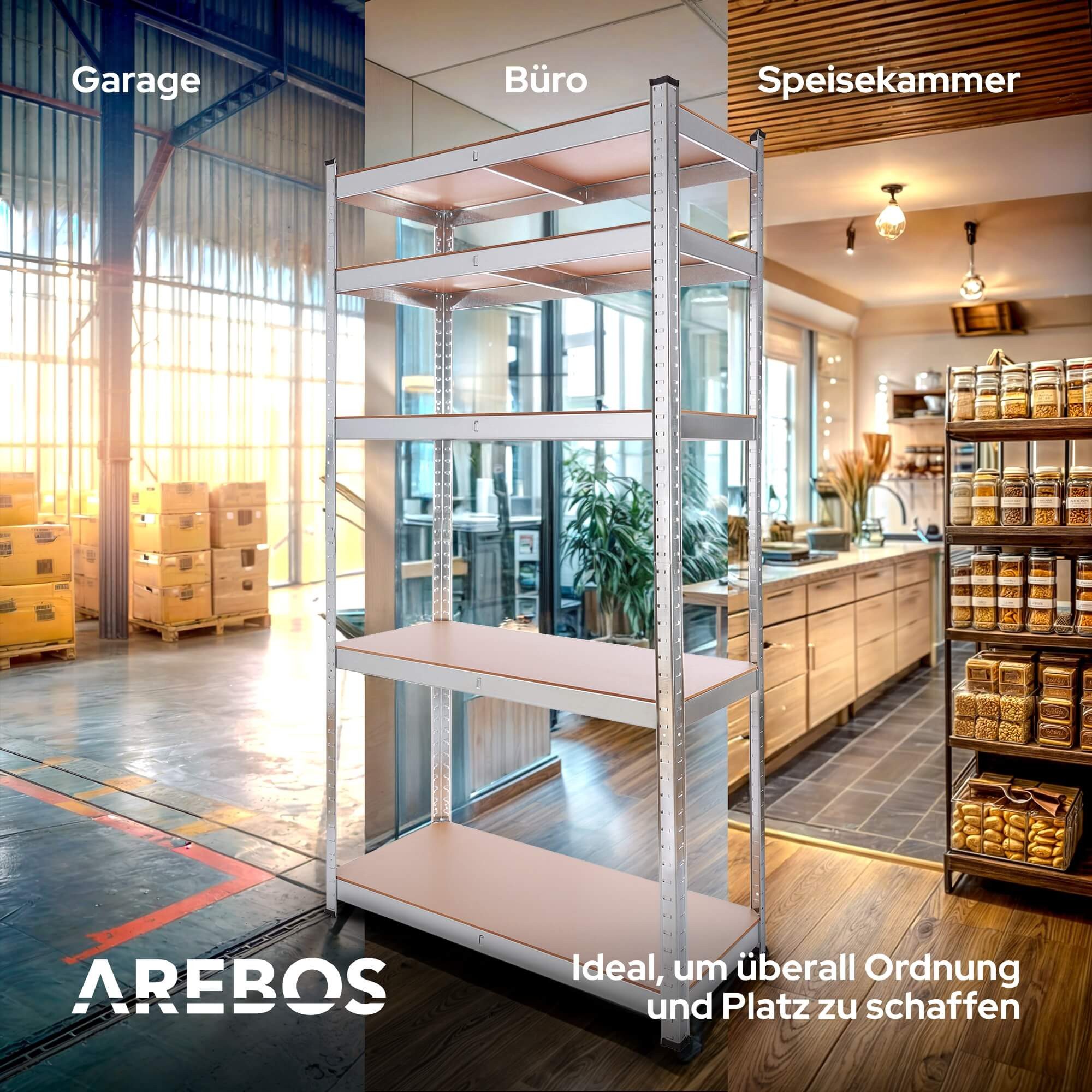 Arebos Schwerlastregal 180x90x40 cm, 5 Böden, 875 kg Traglast, Steckregal, Lagerregal, Stück, Flexibel einsetzbar: für Werkstatt, Garage, Keller oder Lager – Bild 4 von 5