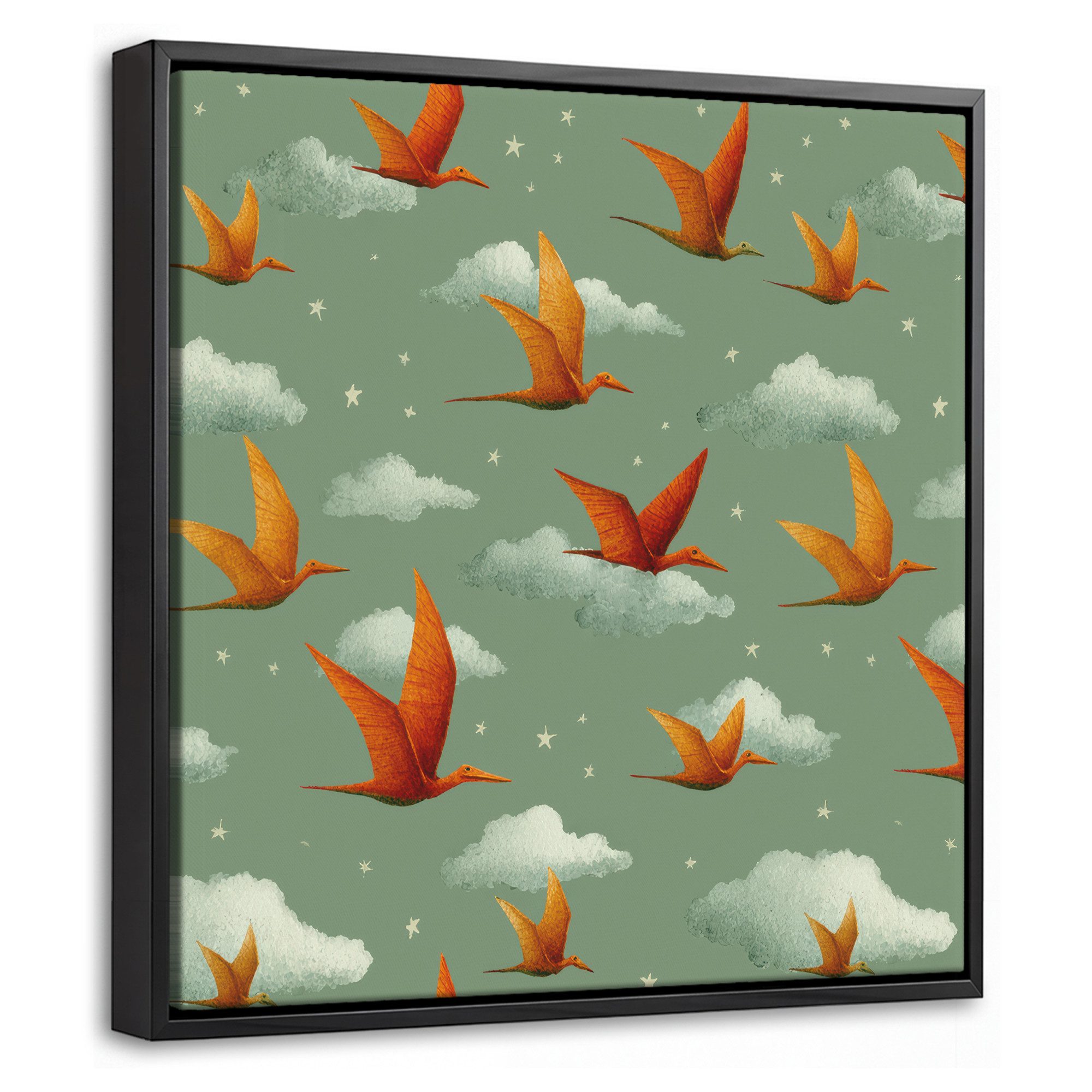 OneMillionCanvasses® Leinwandbild mit Rahmen - Dinosaurier - Wolken - Sterne - Orange, Fotodruck (1 St), Leinwand Bilder Klein, Wand Dekoration Aesthetic 20x20cm