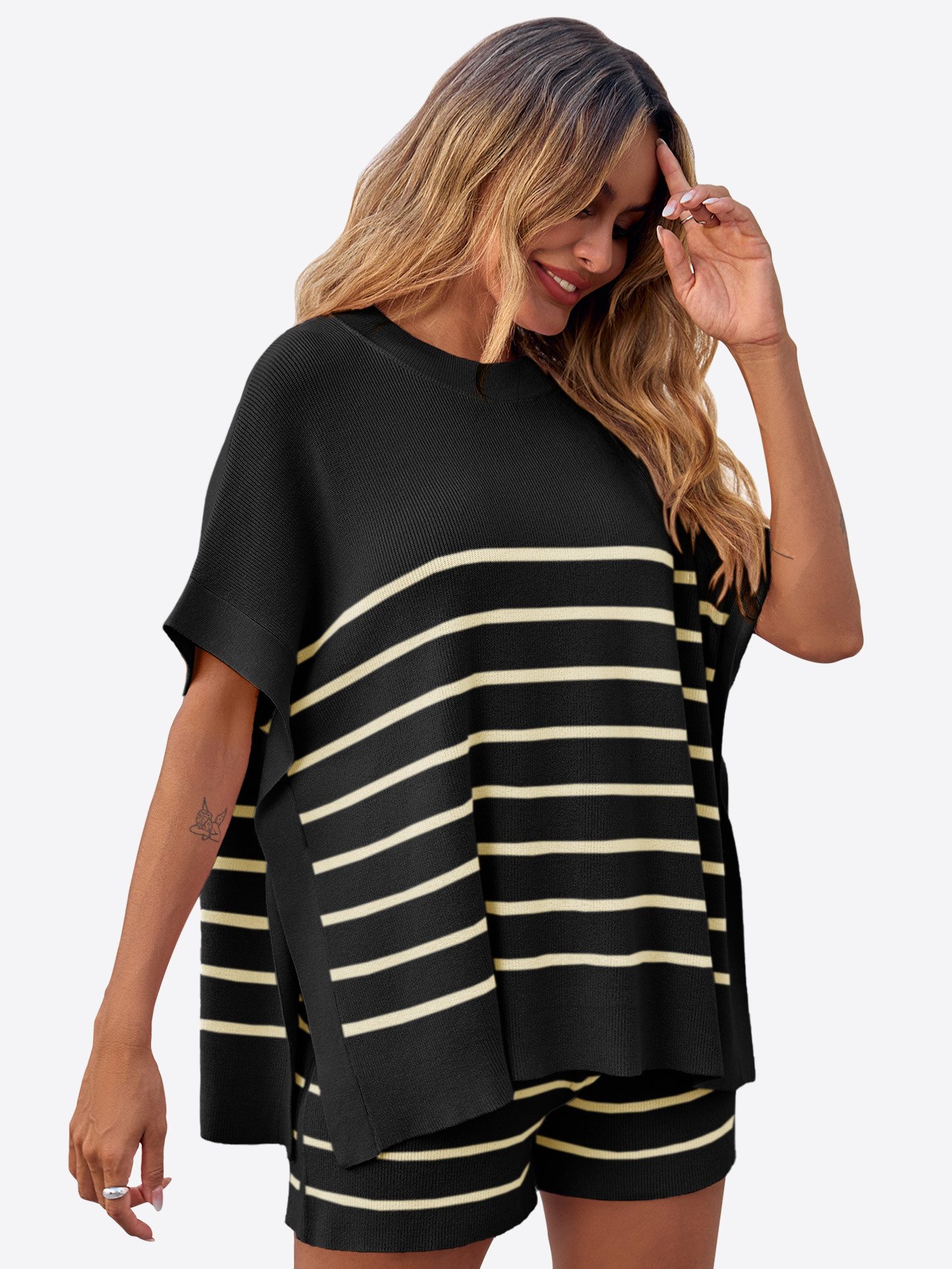 Imily Bela Hausanzug Damen Sommerliche Strick Lounge Shorts Sets (Set, 2 tlg., Kurzarm-Tops mit Fledermausärmeln + Shorts mit hohem Bund) Streifen