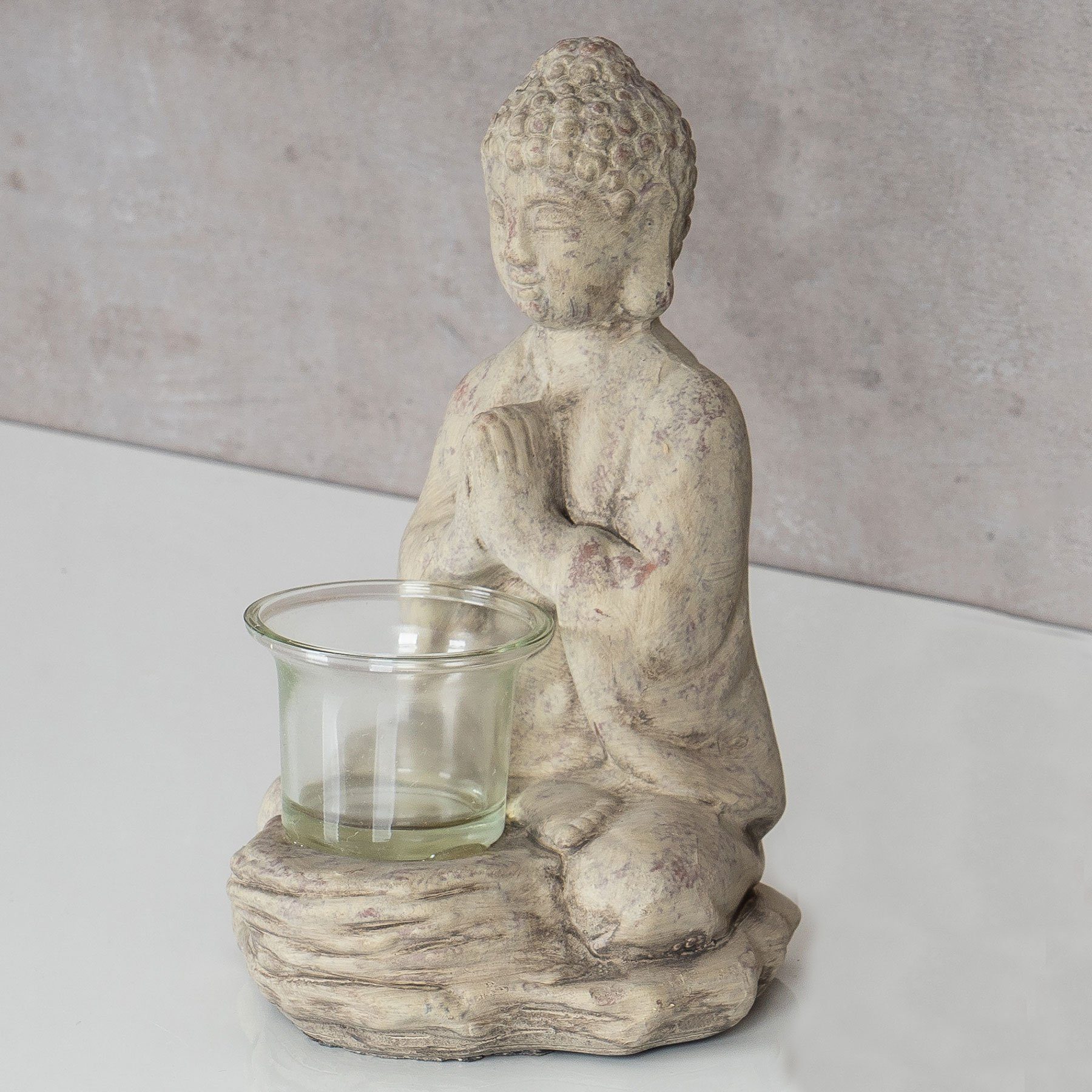 Levandeo® Teelichthalter, Teelichthalter Buddha Figur Tischdeko hoch Keramik Grau 19cm