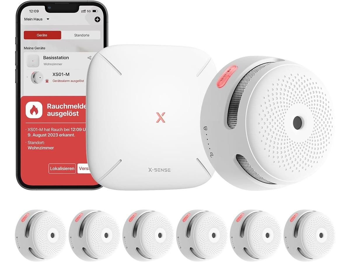 X-SENSE FS61 Smart Rauchmelder (Komplett-Set: Basis + 6 Rauchmelder, Netzteil/Kabel; 2,4-GHz-WLAN)