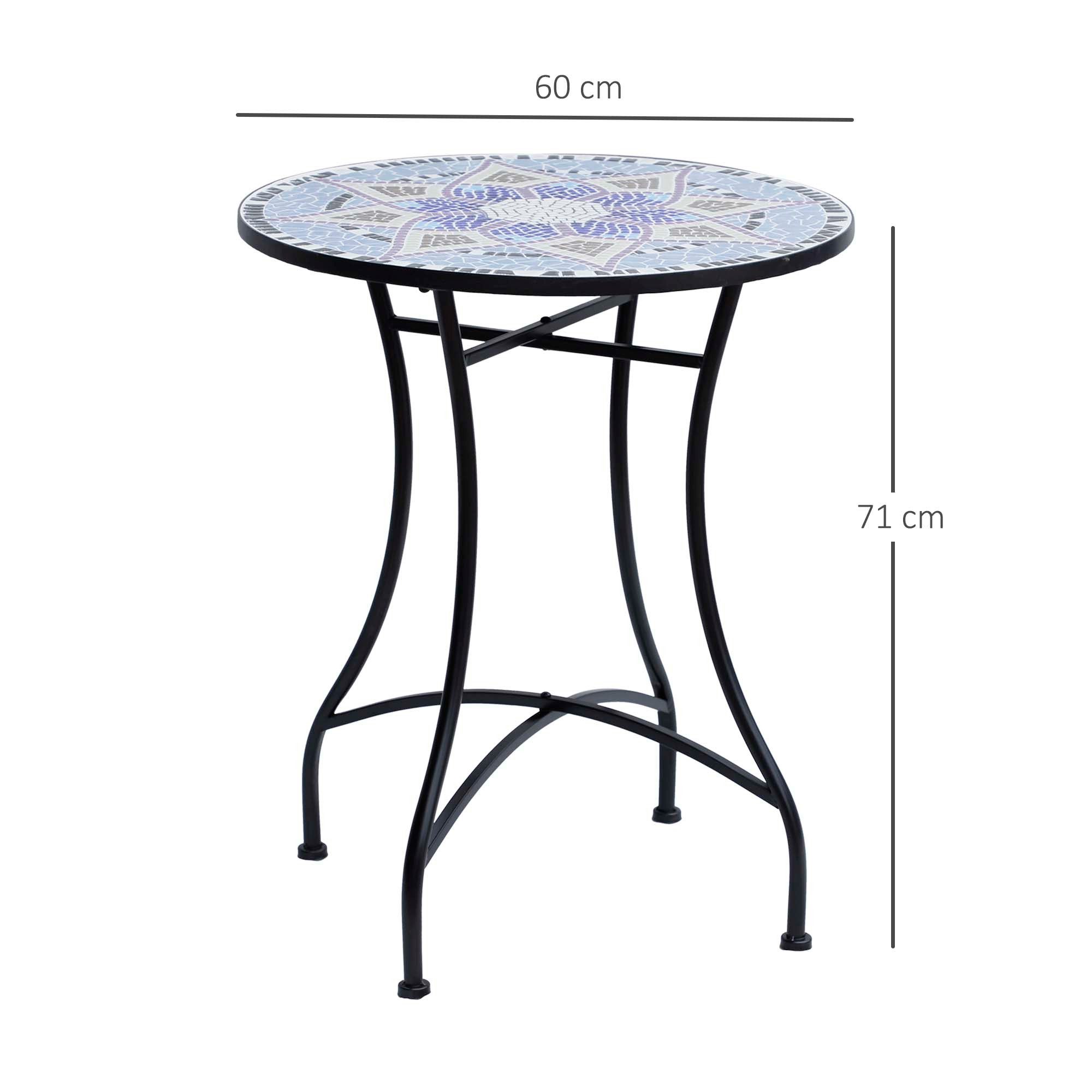 Outsunny Beistelltisch Beistelltisch Seviertisch rund Stahl + Keramik (Mosaiktisch, 1-St., Balkontisch), Blau + Weiß Ø60 x 71 cm