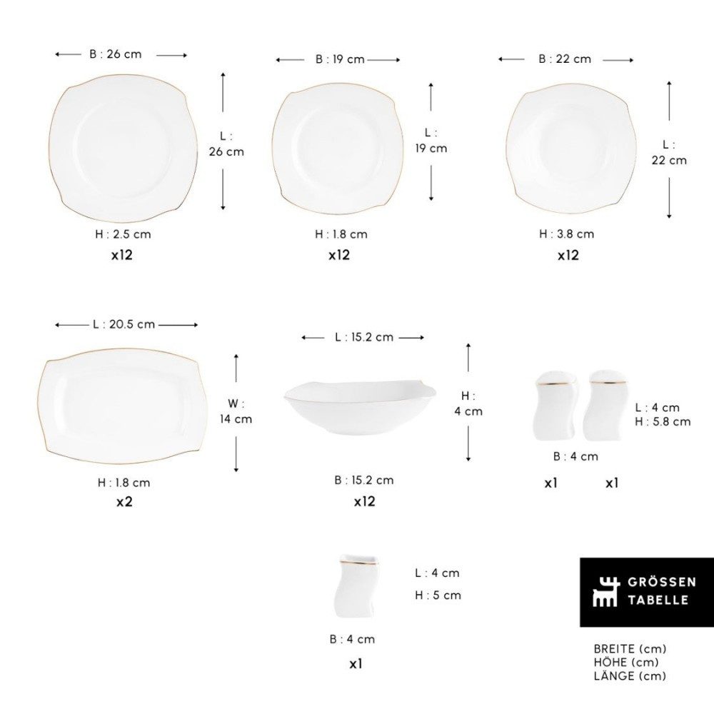 Karaca Geschirr-Set Karaca Square Bone Wave 53-teiliges Geschirrset Teller Set 12 Personen