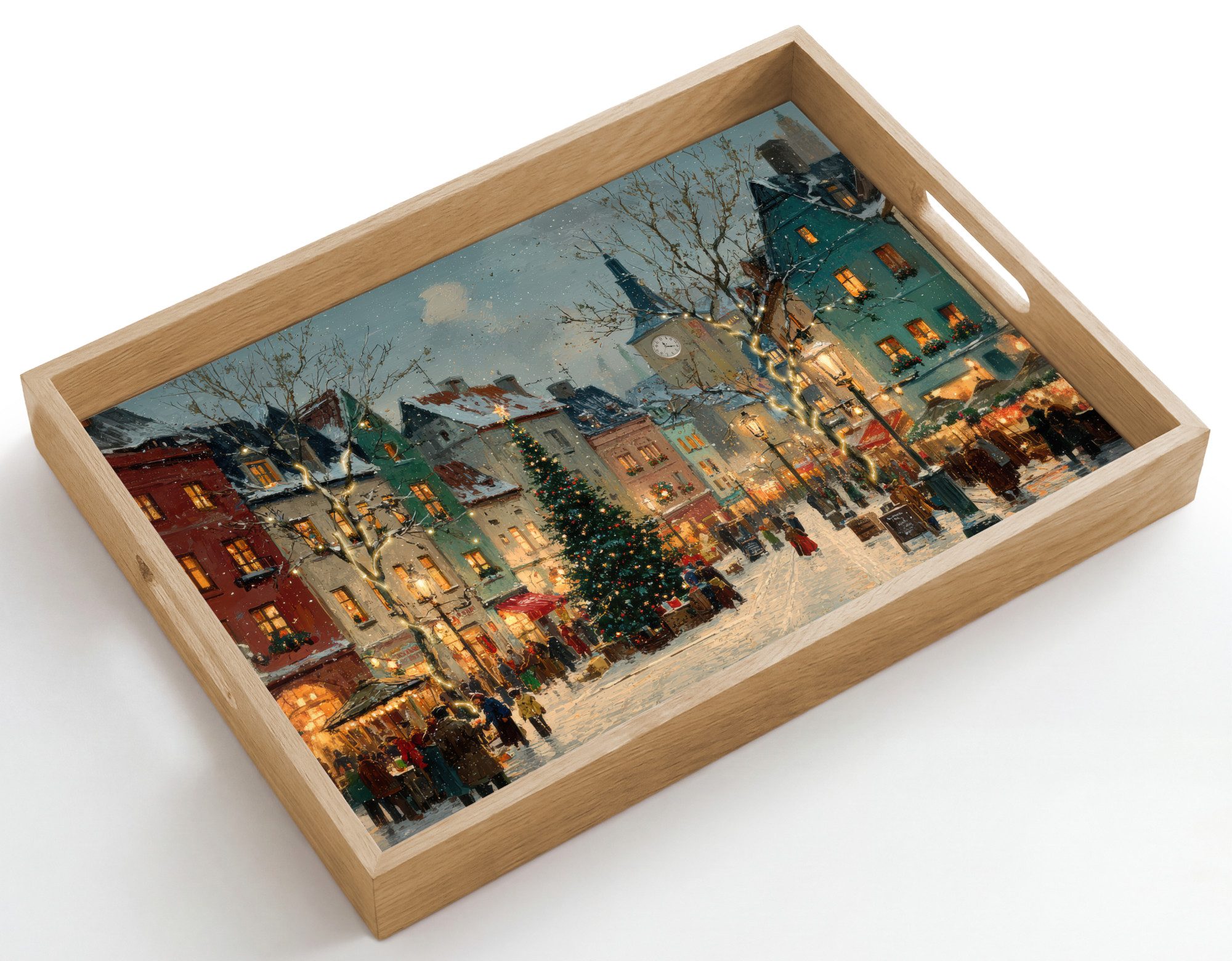 OnlyWow Tablett Rechteckig mit Henkel Weihnachtliche Atmosphäre - City Square - Farben, Eichenholz, (1-tlg), Servierbrett Groß, Tischdeko, Platte, Tisch Deko