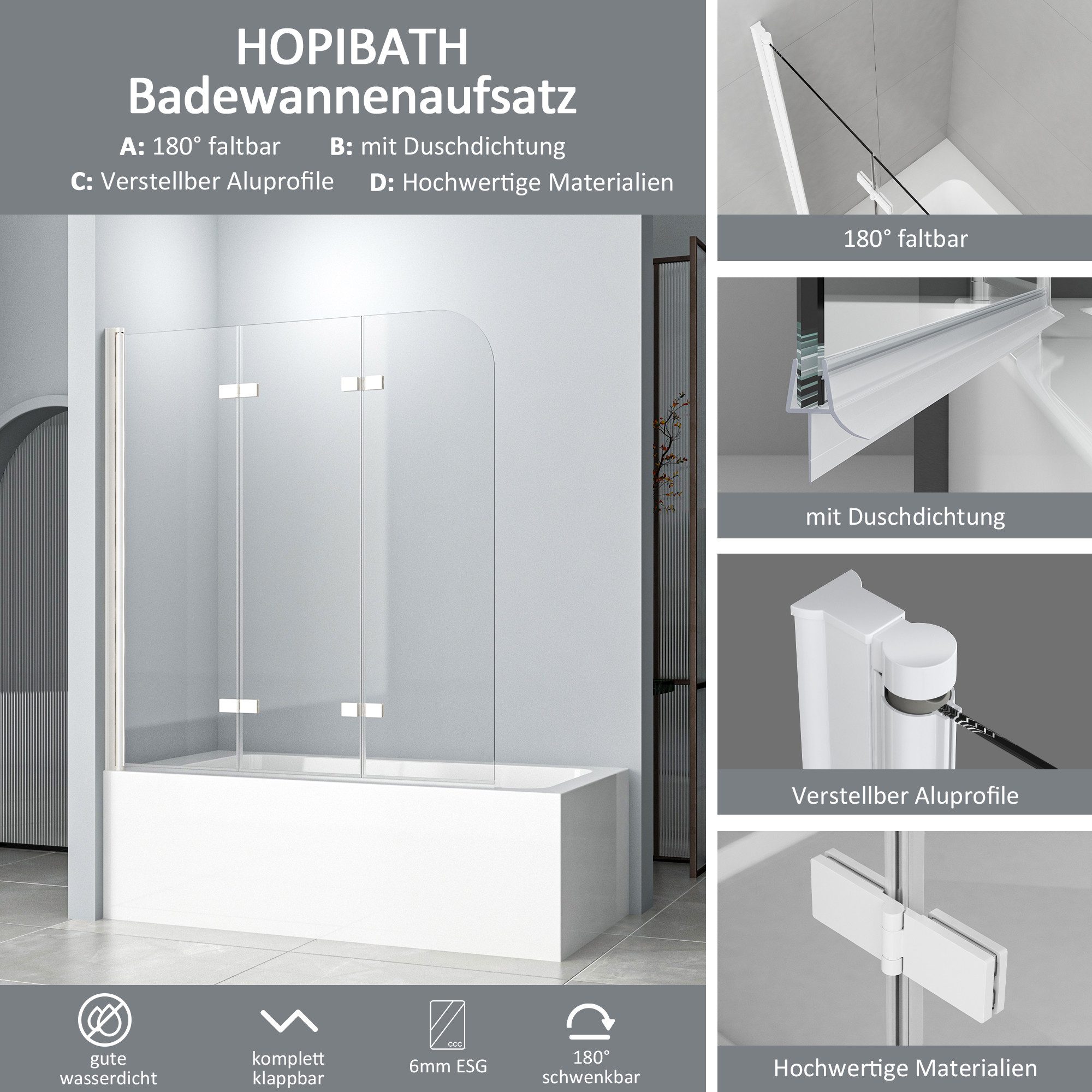 Hopibath Duschwand für Badewanne Weiß Badewannenaufsatz Glas 6mm beideseitig Nano, 6mm Sicherheitsglas, (Badewannenfaltwand, 3 teilig faltbar), 140x140, 130x140, 120x140cm