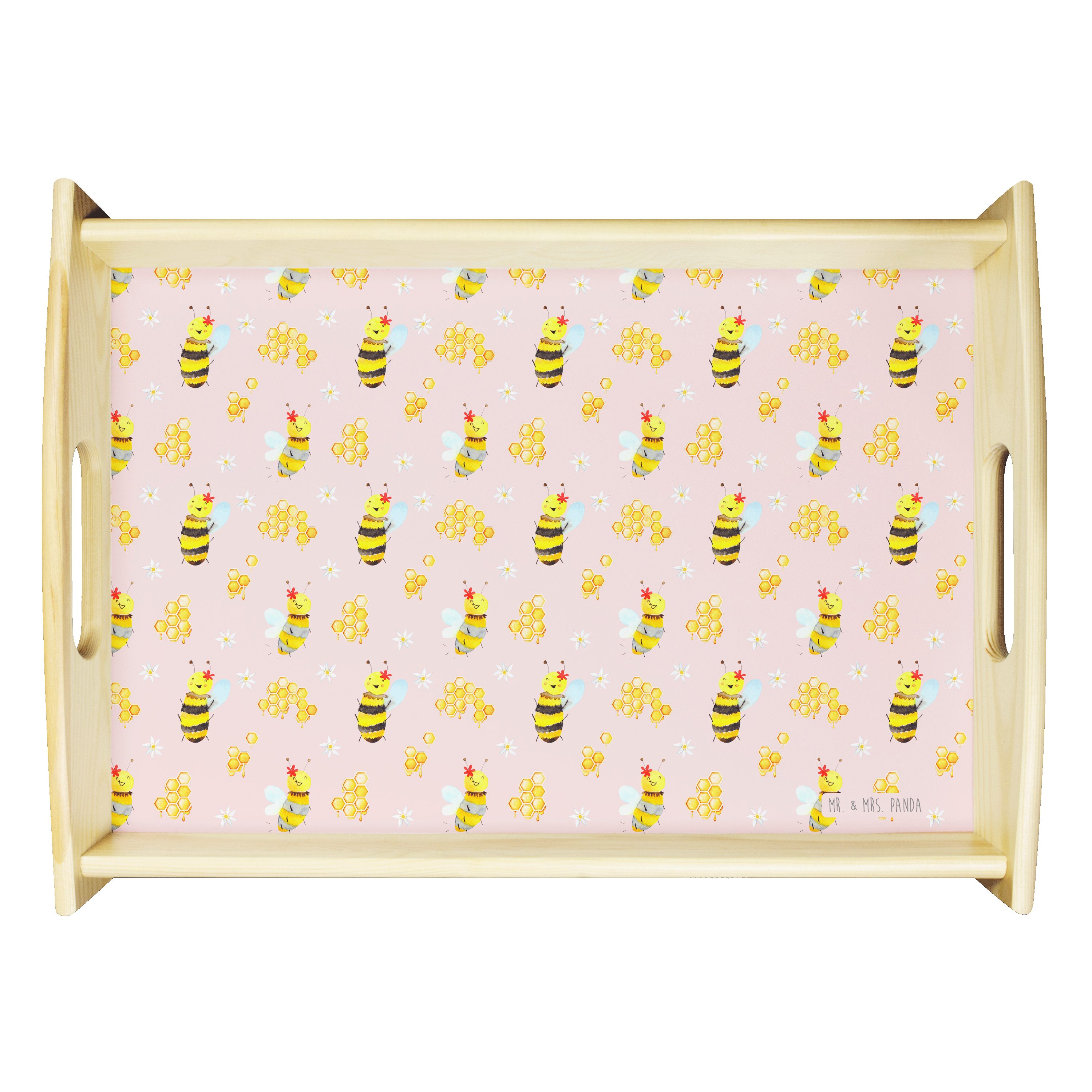 Mr. & Mrs. Panda Tablett Biene Happy, Tablett, Rosa, sofatablett, Serviertablett, Tablett, bet, Echtholz lasiert, (Packung, 1-tlg)
