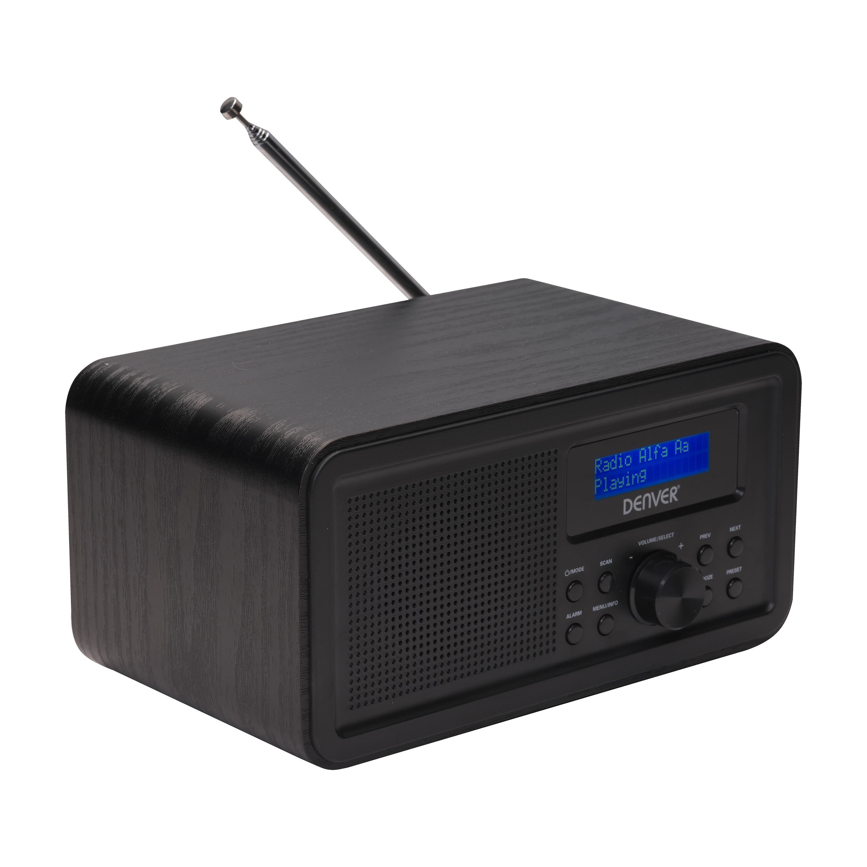 Denver DAB-30B Digitalradio (DAB) (DAB+, FM PLL, Uhr & Alarm, Snooze, 20-stufige Lautstärkeregelung, 1 W, Holz-Design, DAB+/FM PLL)