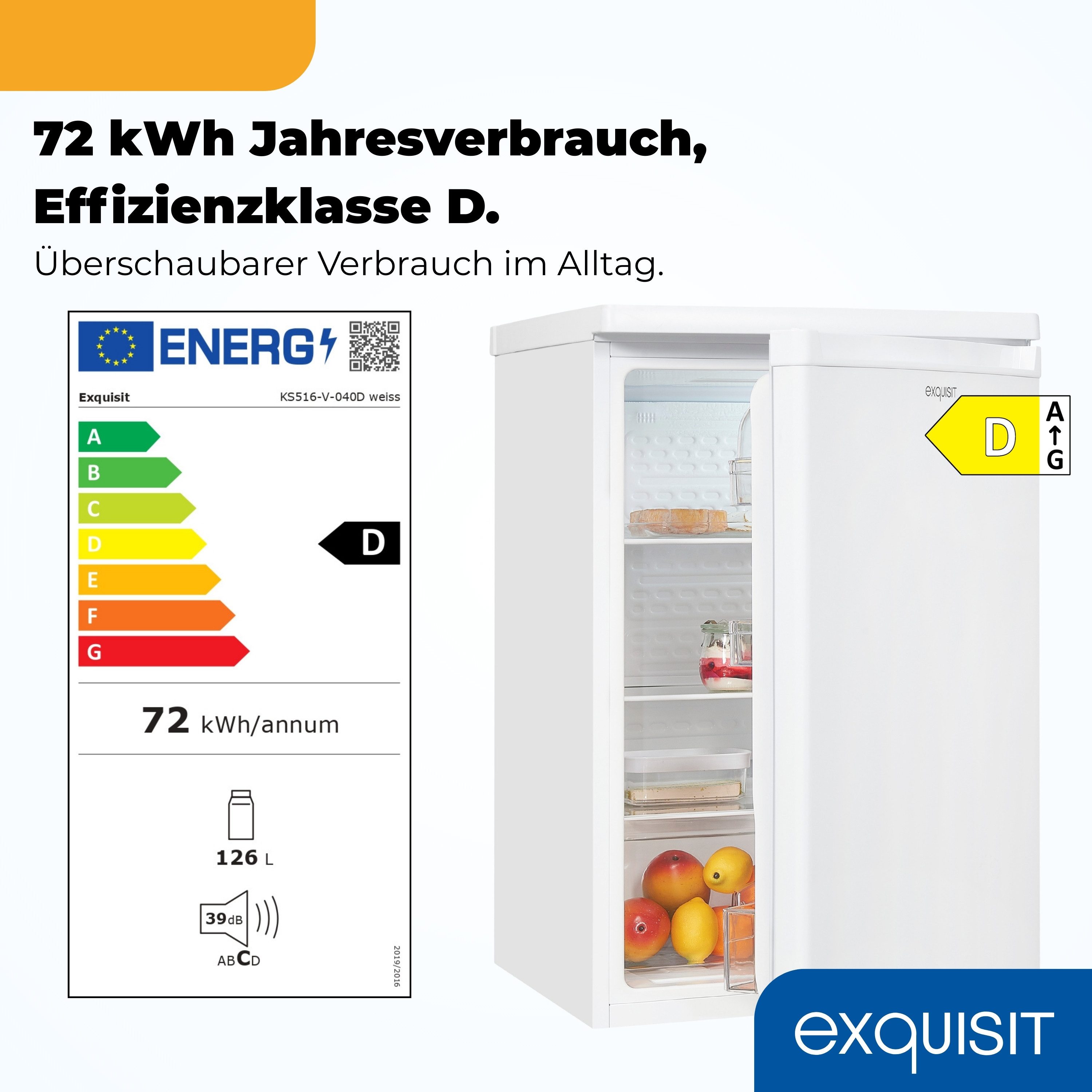 exquisit Vollraumkühlschrank KS516-V-040D, 85 cm hoch, 55 cm breit, 126 l Nutzinhalt, LED Beleuchtung, 39 dB, Geräuschklasse C