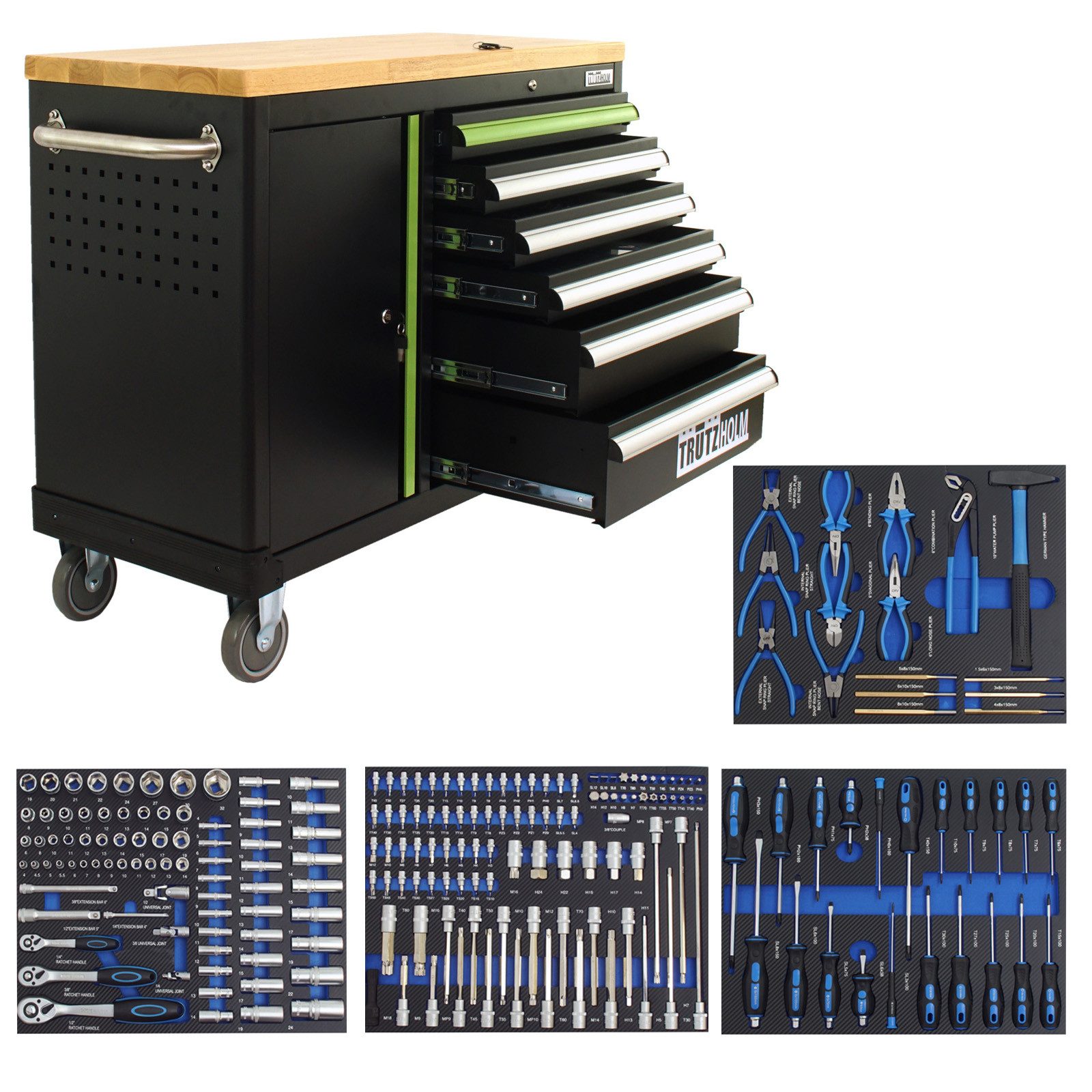 TRUTZHOLM Werkstattwagen DELUXE 6 Schubladen + Tür - 219tlg. bestückt anthrazit/grün, auf Rollen, max. Traglast:400 kg, 219-tlg. Werkzeugset, (Set, 219-tlg), 4 Schubladen sind mit 219 tlg. professionelles Werkzeug bestückt!