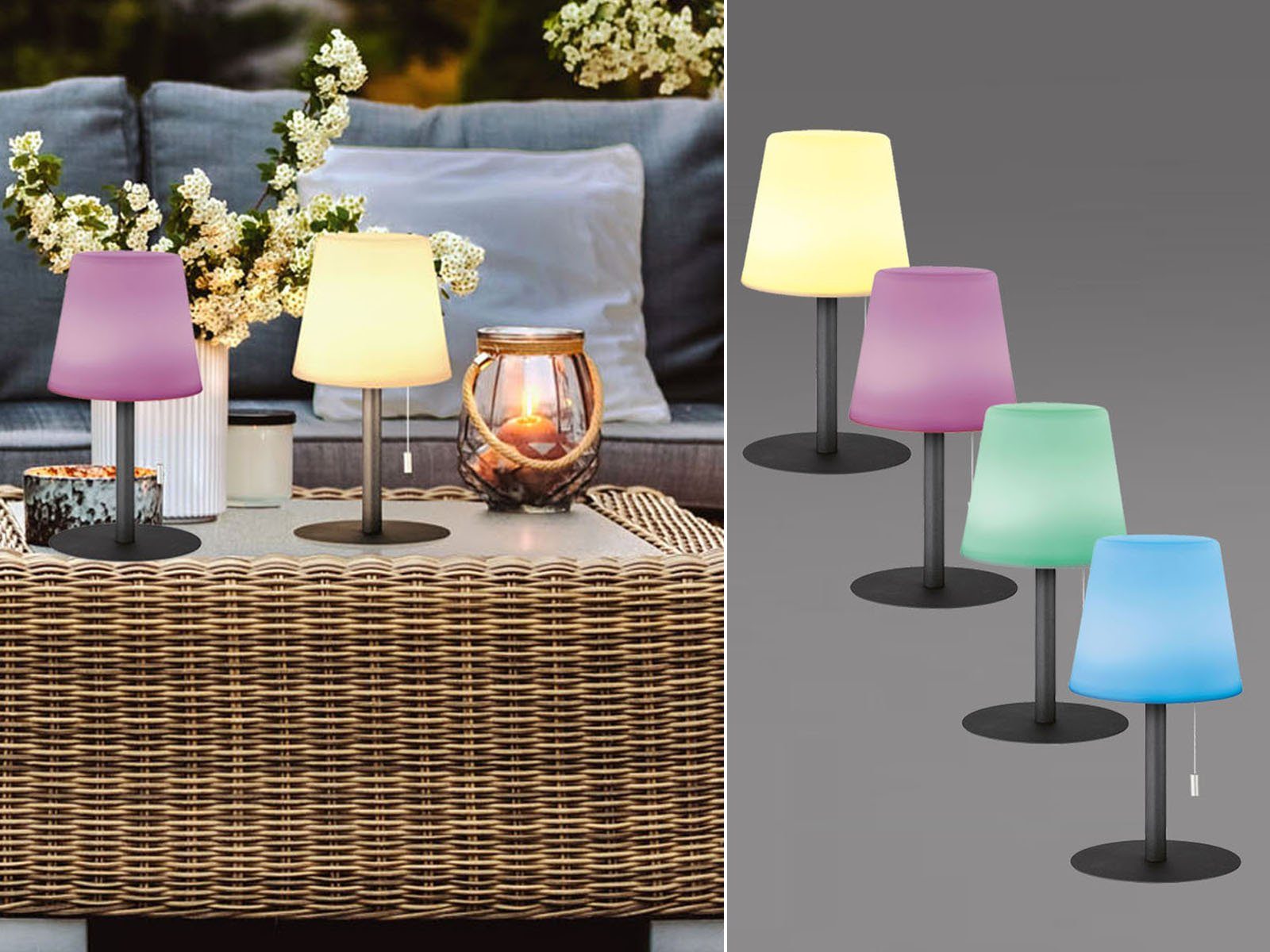 FHL easy! LED Außen-Tischleuchte, Outdoor 2er SET ohne Strom-Kabel mit Akku  – Zugschalter für RGB Farbwechsel & Dimmen