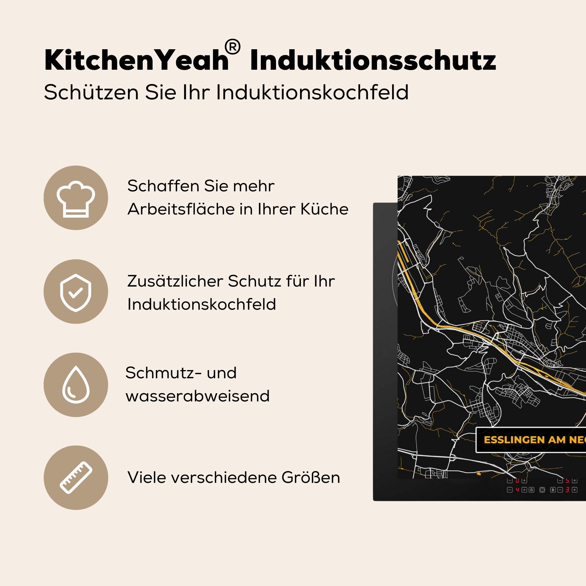 für Herdblende-/Abdeckplatte Stadtplan küche (1 Neckar Ceranfeldabdeckung, - tlg), - - Am Arbeitsplatte Vinyl, 78x78 - Esslingen Karte MuchoWow Deutschland, Gold cm,
