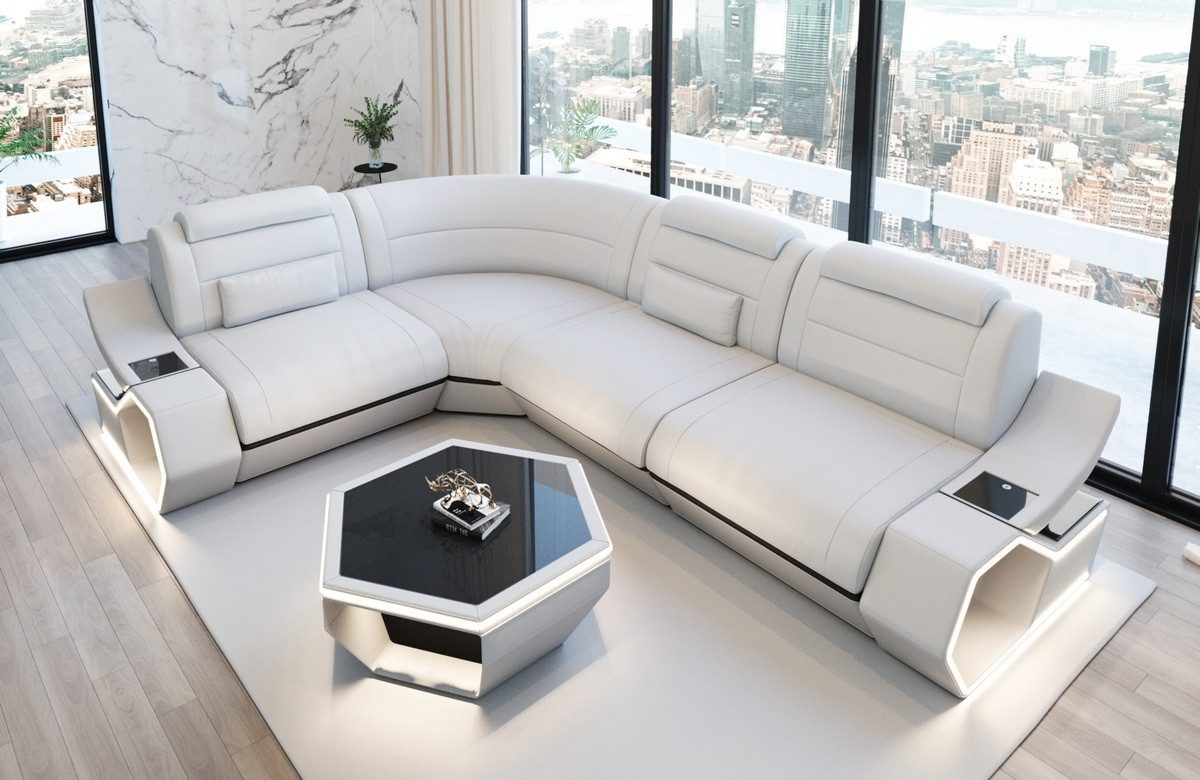 Sofa Dreams Ecksofa Pescara L Form Leder, 4-Sitzer, Kunstleder Premium, Weiß-Schwarz, USB, LED, Ecke links