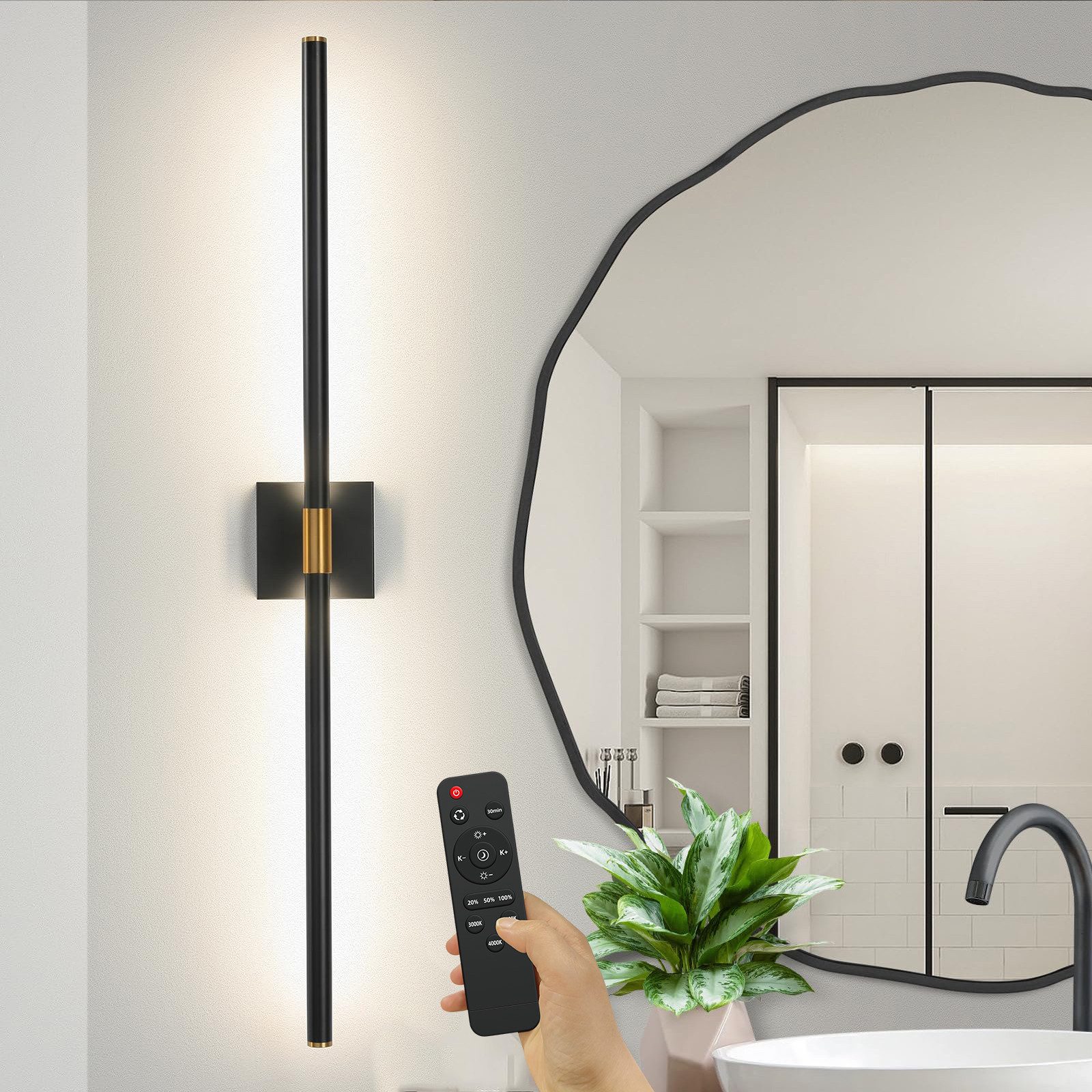 Rosnek LED Wandleuchte Innen Akku 10000mAh, LED Wandlampe kabellos mit Fernbedienung, LED fest integriert, 300 lm, Eisen/Alu/PC, 330° schwenkbar für Schlafzimmer, Flur & Büro