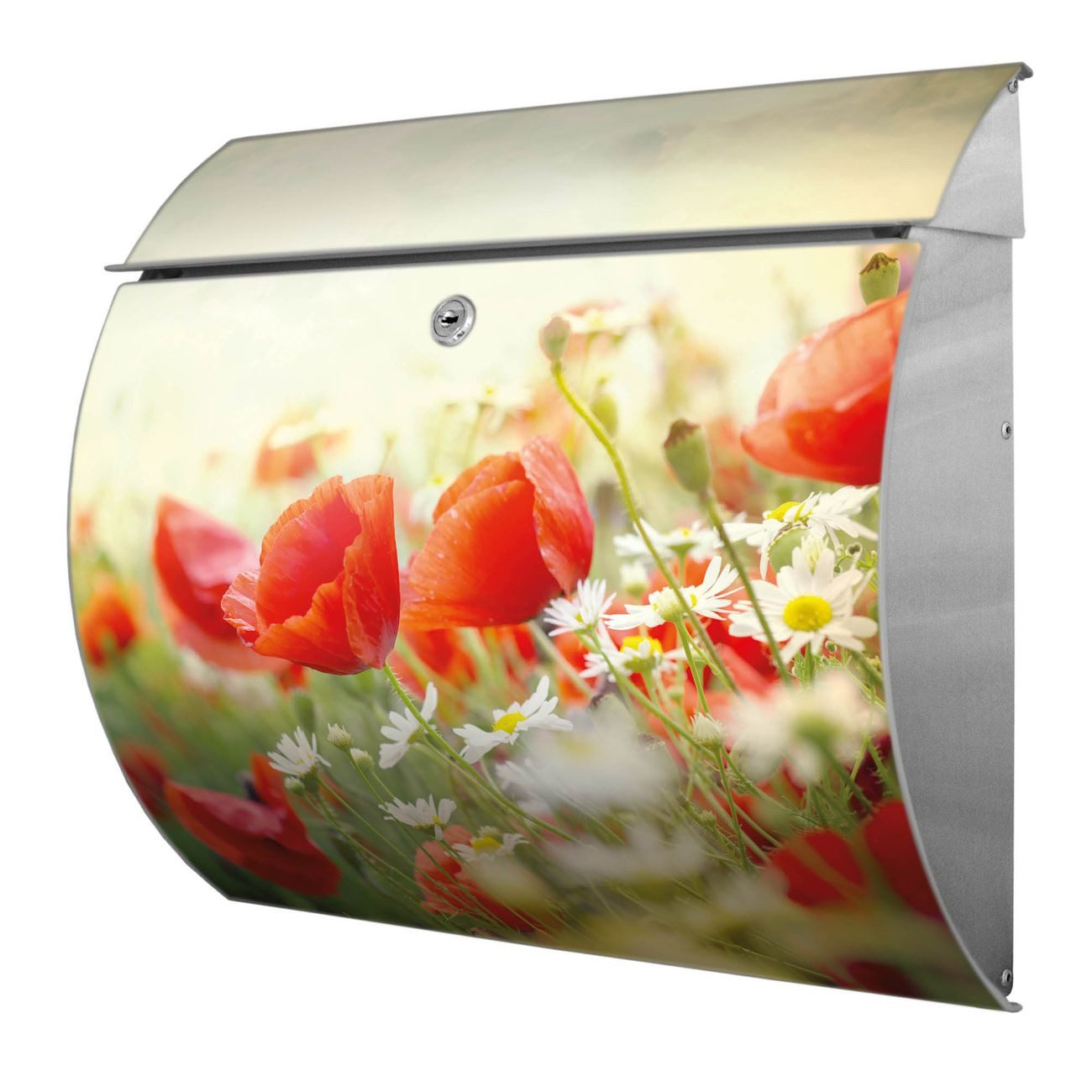 banjado Wandbriefkasten Edelstahl Kamille Und Mohn (Wandbriefkasten UV- / Witterungsbeständig, Edelstahl), 37,6 x 33 x 10,6 cm