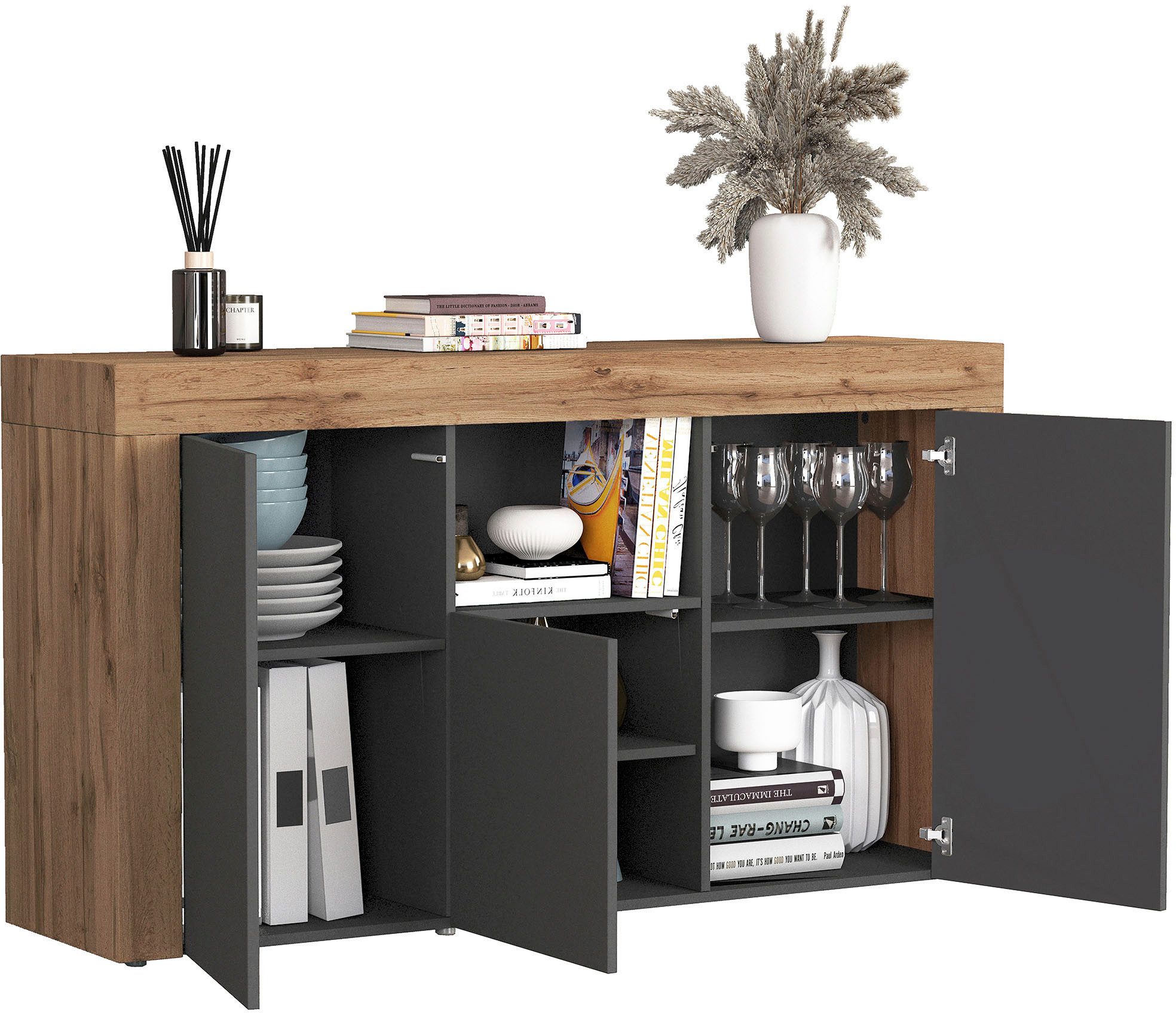 OTTO home Sideboard CHRONOS Breite 155 cm mit 3 Türen, 1 offenes und 6 geschlossene Fächer (1 St), Sideboard,Kommode, Schrank, Grifflos mit Push to Open, Made i – Bild 5 von 5