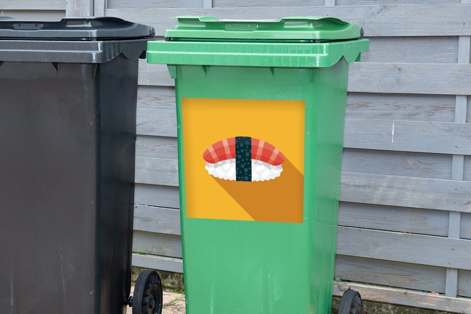 Hintergrund Mülltonne, Wandsticker Sticker, Schatten (1 mit MuchoWow gelbem Mülleimer-aufkleber, St), Abfalbehälter Container, Illustration Sushi auf