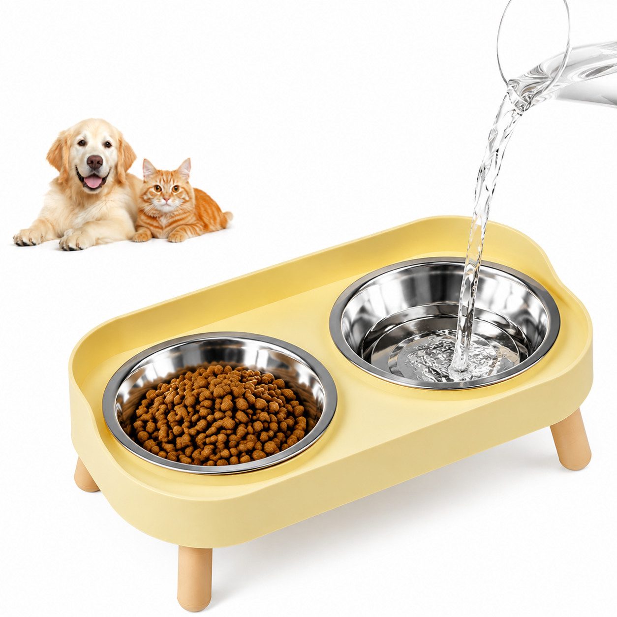 Toomoke Napf-Set Katzennapf, Futternapf, Doppelnapf, Edelstahlnapf, Futterstation, Hundenapf, Wassernapf für Katzen & kleine Hunde, Erhöhte Futterstation mit 2 herausnehmbaren Edelstahlnäpfen