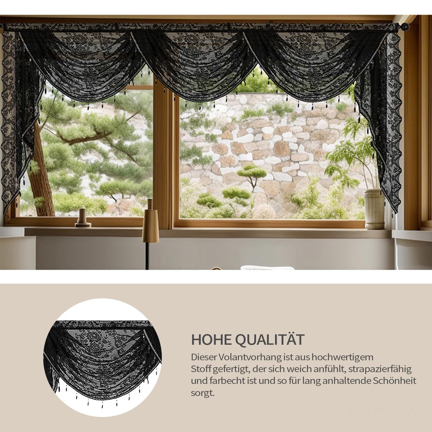 Refttenw Scheibengardine Spitze Wasserfall Fenstervolant mit Perlenquasten, Blumenstickerei (1 St), Stangendurchzug, halbtransparent, Schwarz, 100 x 105 cm
