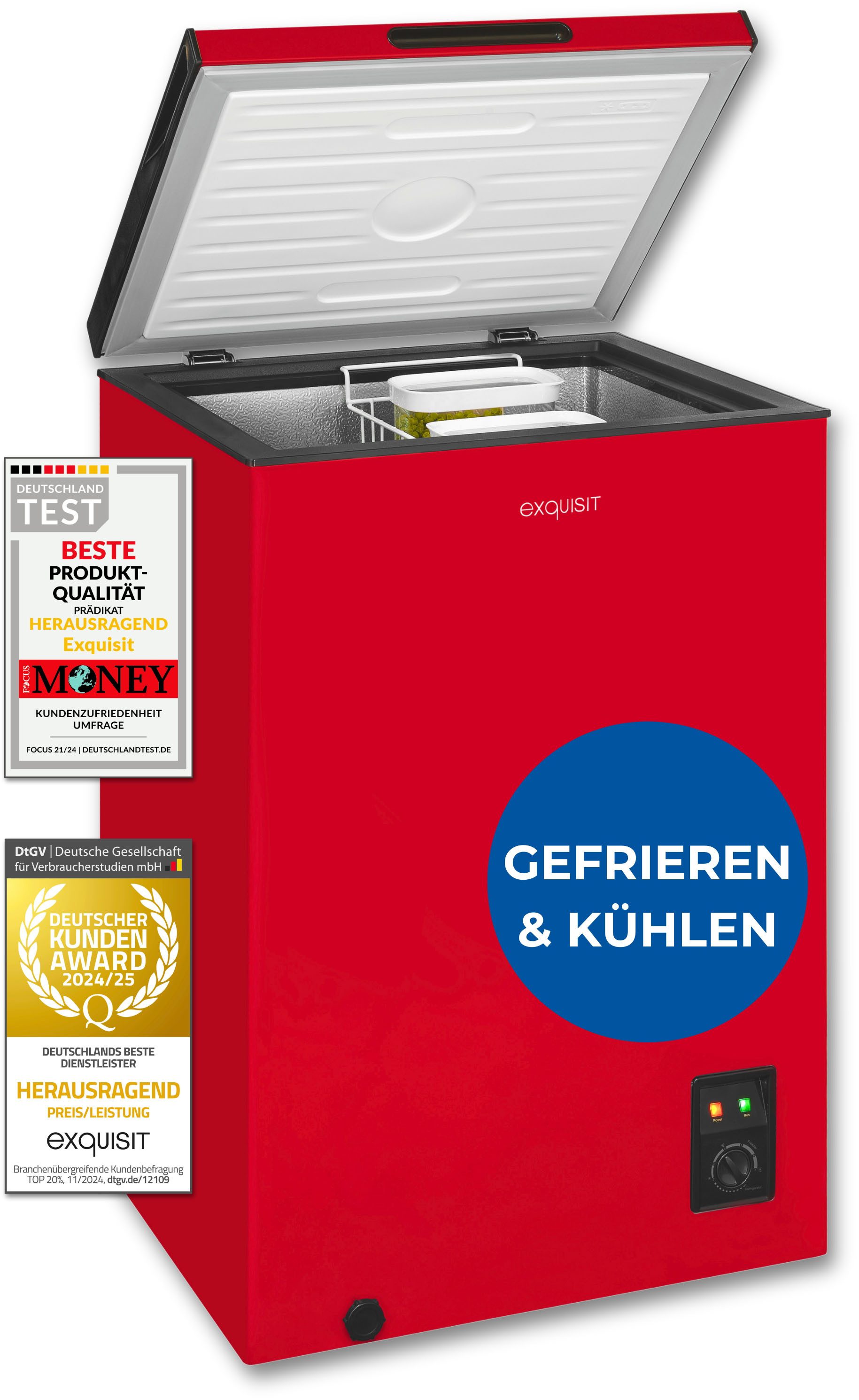 exquisit Gefriertruhe GT100-050E rot, 54,5 cm breit, 99 l, 4*-Gefriertruhe mit ergonomischer Griffmulde – bequem zu öffnen