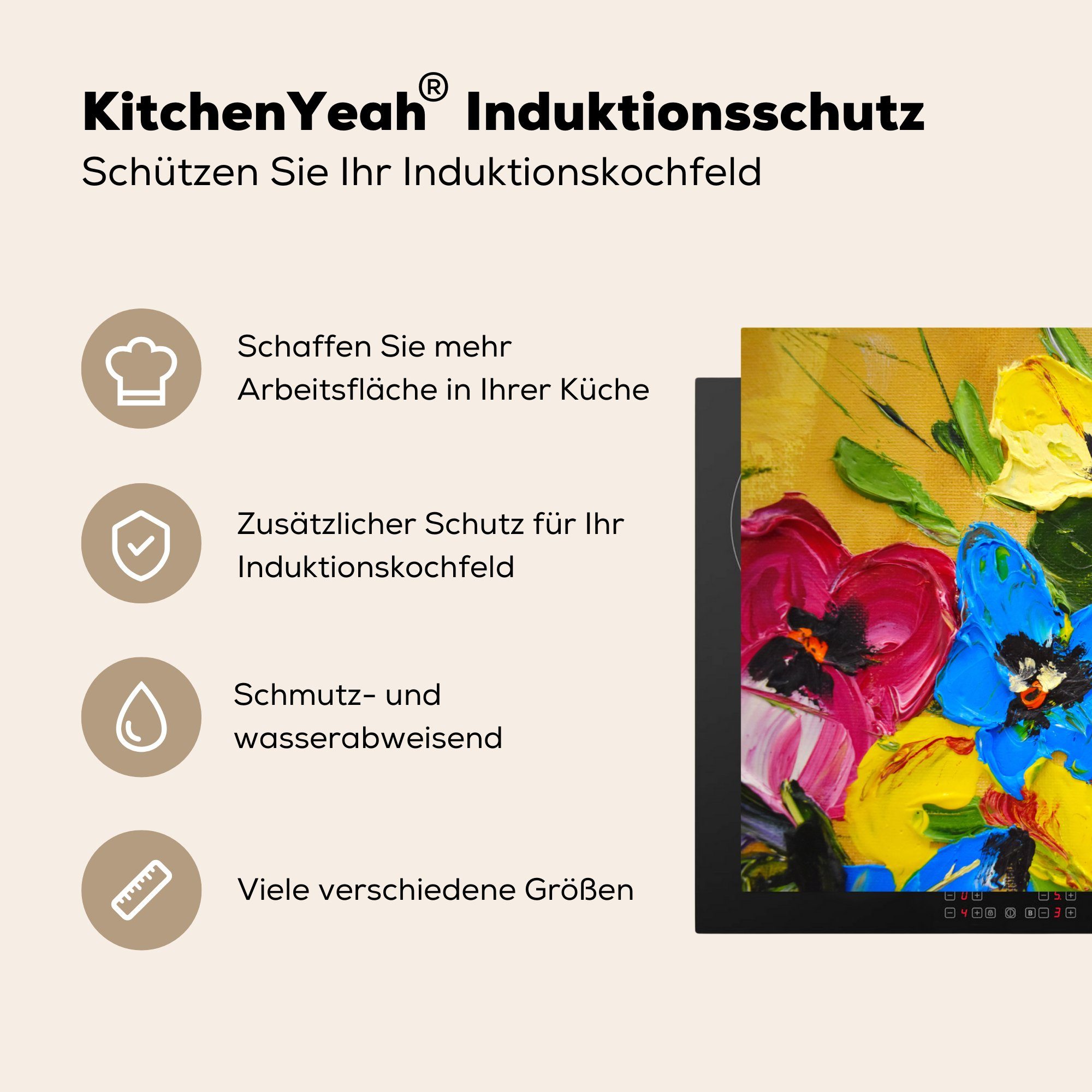 Vinyl, tlg), cm, Mobile Herdblende-/Abdeckplatte Arbeitsfläche MuchoWow Ceranfeldabdeckung nutzbar, (1 - Blumen, Malerei Ölfarbe 70x52 -