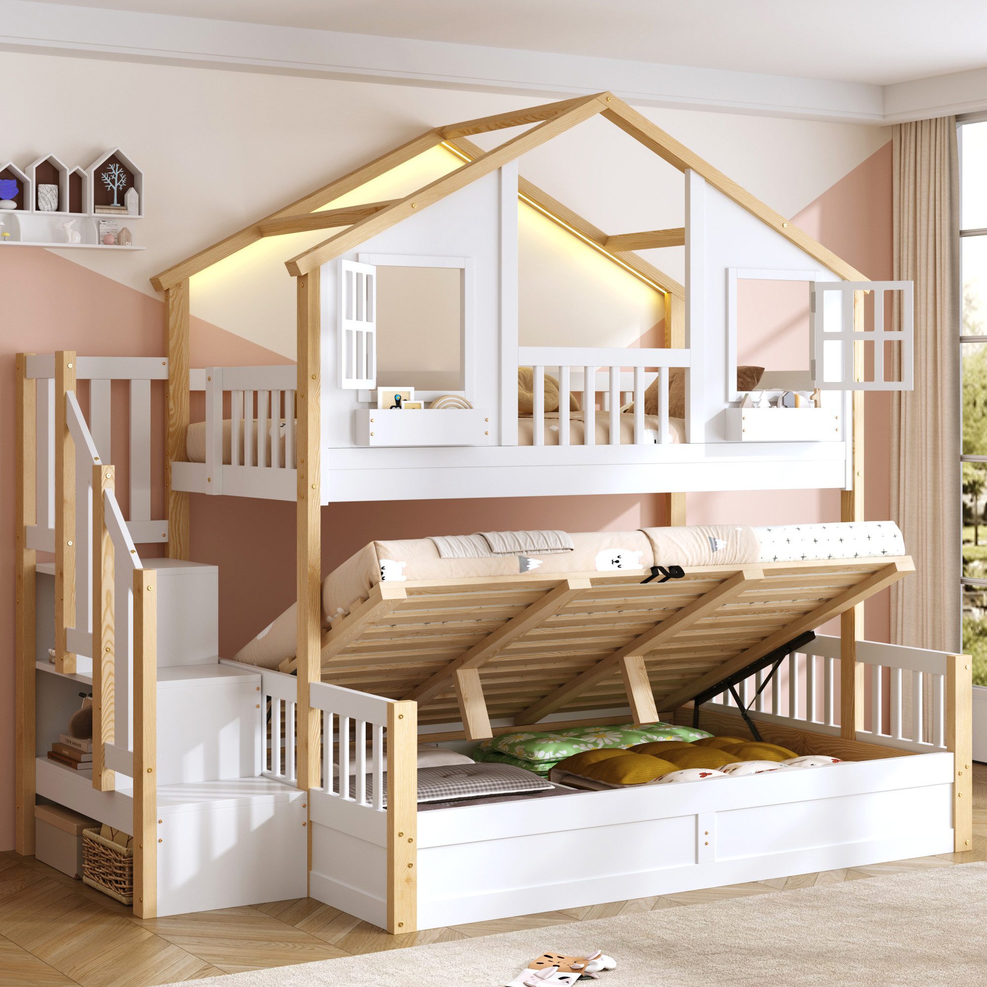 Flieks Etagenbett, Kinderbett 90x200cm mit hydraulischem Unterbett 140x200cm, LED-Leiste