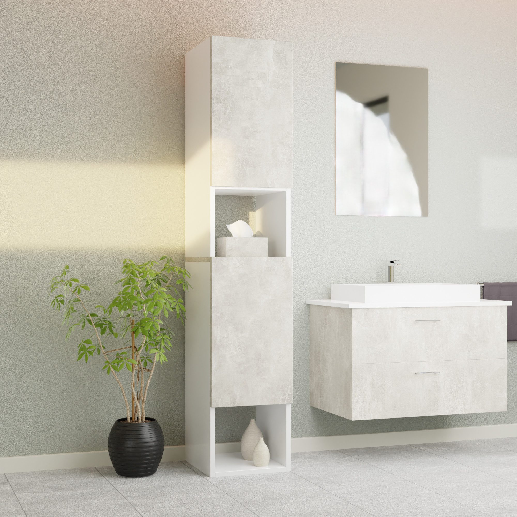 Badezimmer-Set Badezimmerschrank GLC2, hängend, stehend, Beton