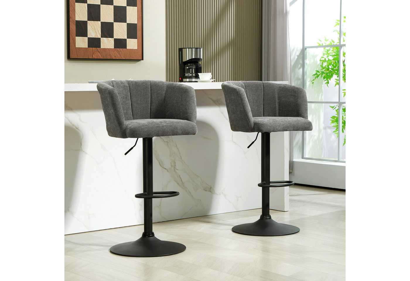 HOMCOM Barhocker 2er-Set Höhenverstellbarer Küchenhocker mit Fußstütze, Drehbar (Barstuhl, 2 St., Bistrohocker), für Wohnzimmer, Esszimmer, Dunkelgrau