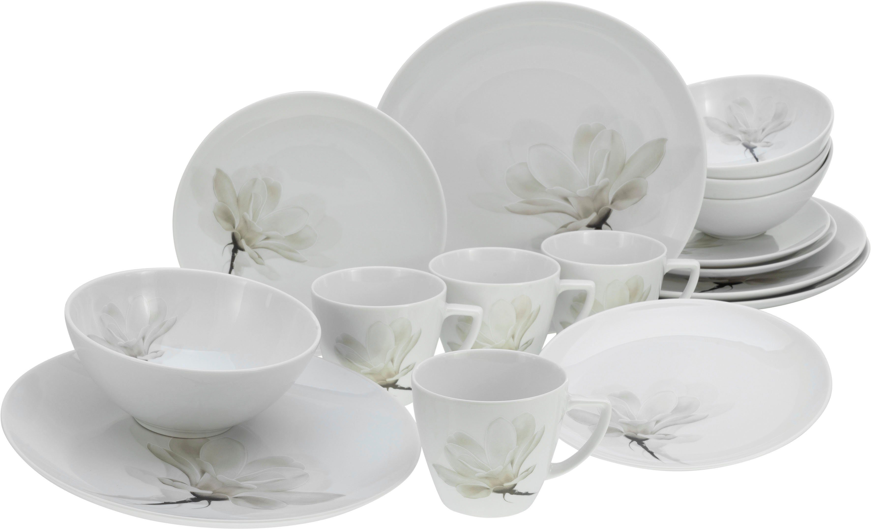 CreaTable Kombiservice Home Magnolie (16-tlg), 4 Personen, Porzellan, Dekor mit Magnolienblüte