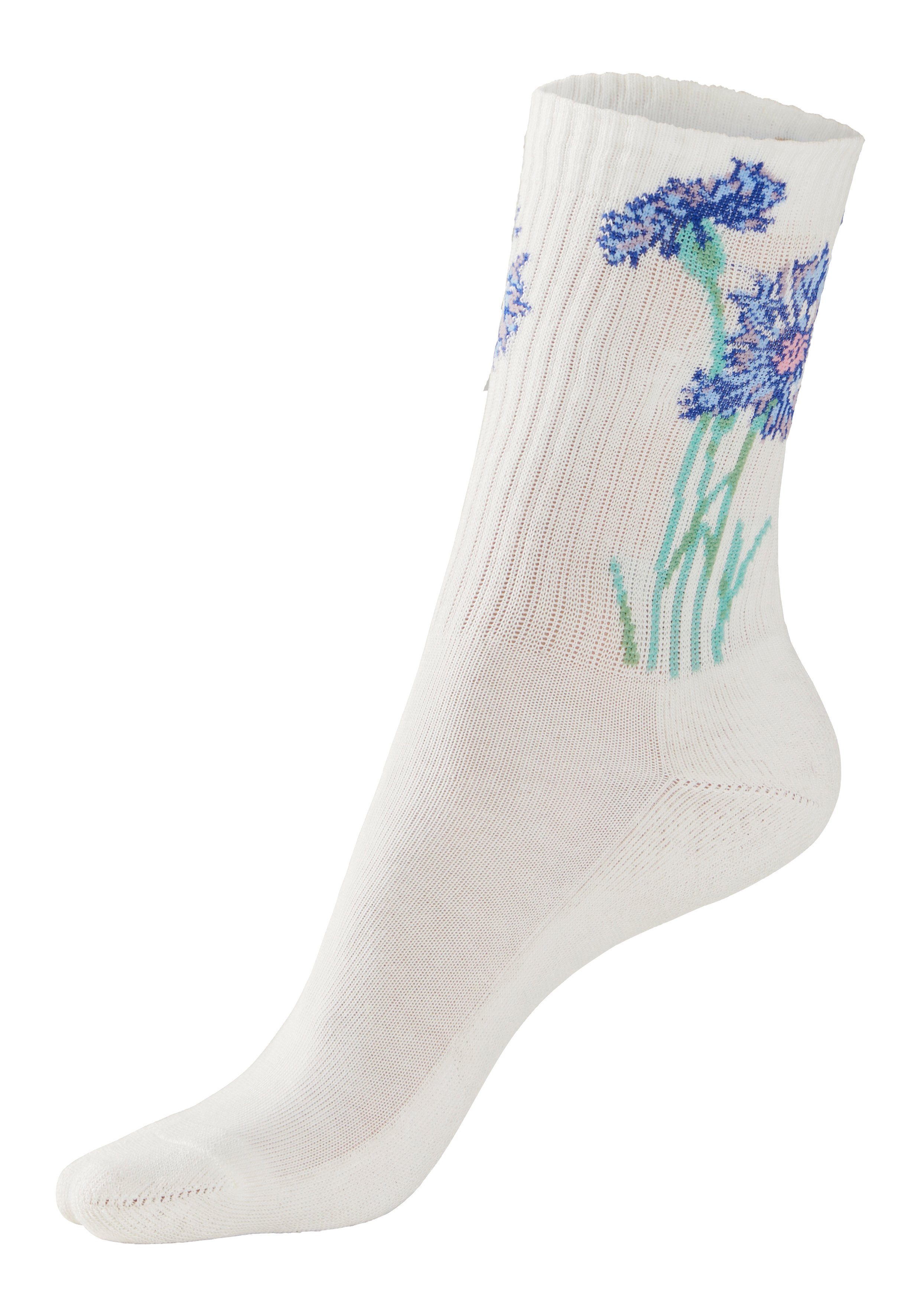 LASCANA Basicsocken ecru mit 4x 4-Paar) Blumen (Packung, eingestrickten Motiven