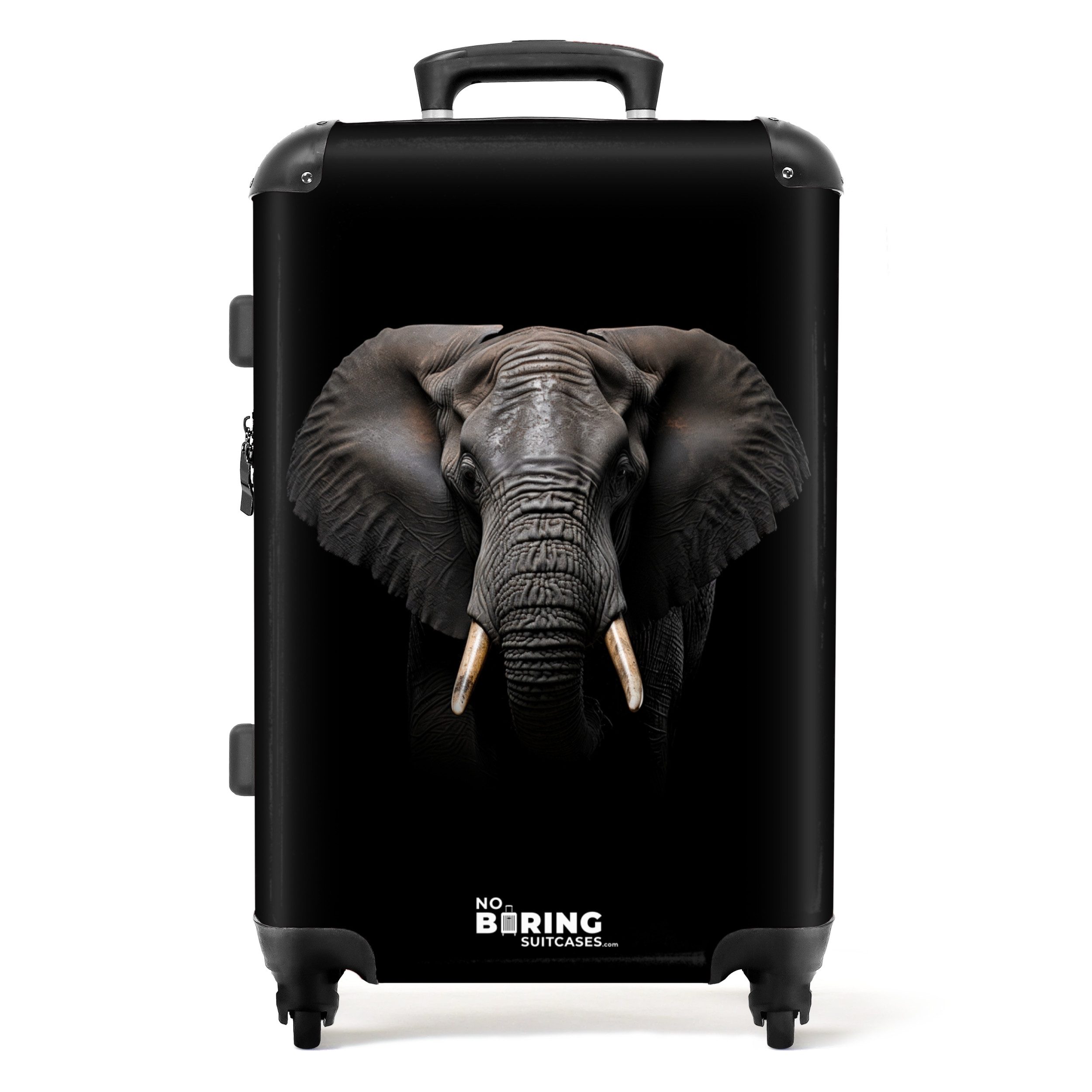 NoBoringSuitcases.com© Hartschalen-Trolley mit leuchtende Räder - Elefant Vorderansicht auf schwarzem Hintergrund, 4 Rollen, Koffer Mittelgroß für 20kg, Suitcase für Erwachsene, Reisekoffer