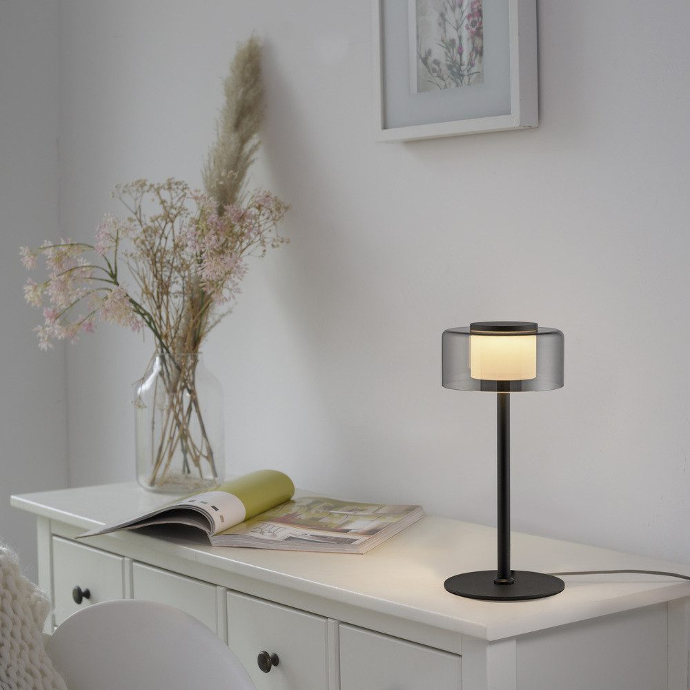 Paul Neuhaus LED Tischleuchte LED Tischlampe RIKA, dimmbar, Memoryfunktion, 1xLED-Board/7,50W/3000K, stufenlos dimmbar, schwarze Lackierung mit Rauchglas