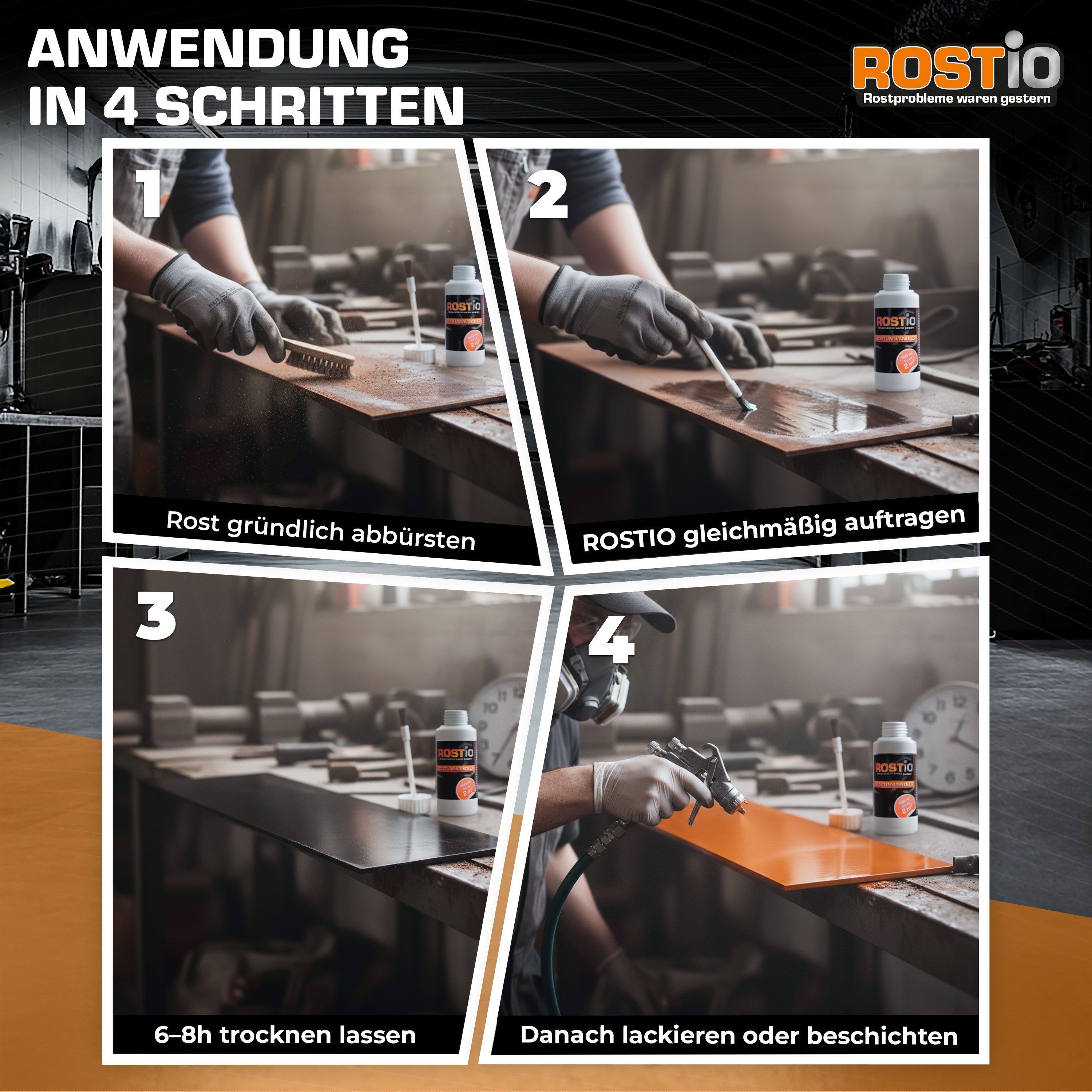 Rostio Rostschutzgrundierung ROSTIO Rostumwandler 100ml mit Pinsel - Rostkonverter, 1-tlg., Rostumwandler & Grundierung in einem. Kein abwaschen erforderlich