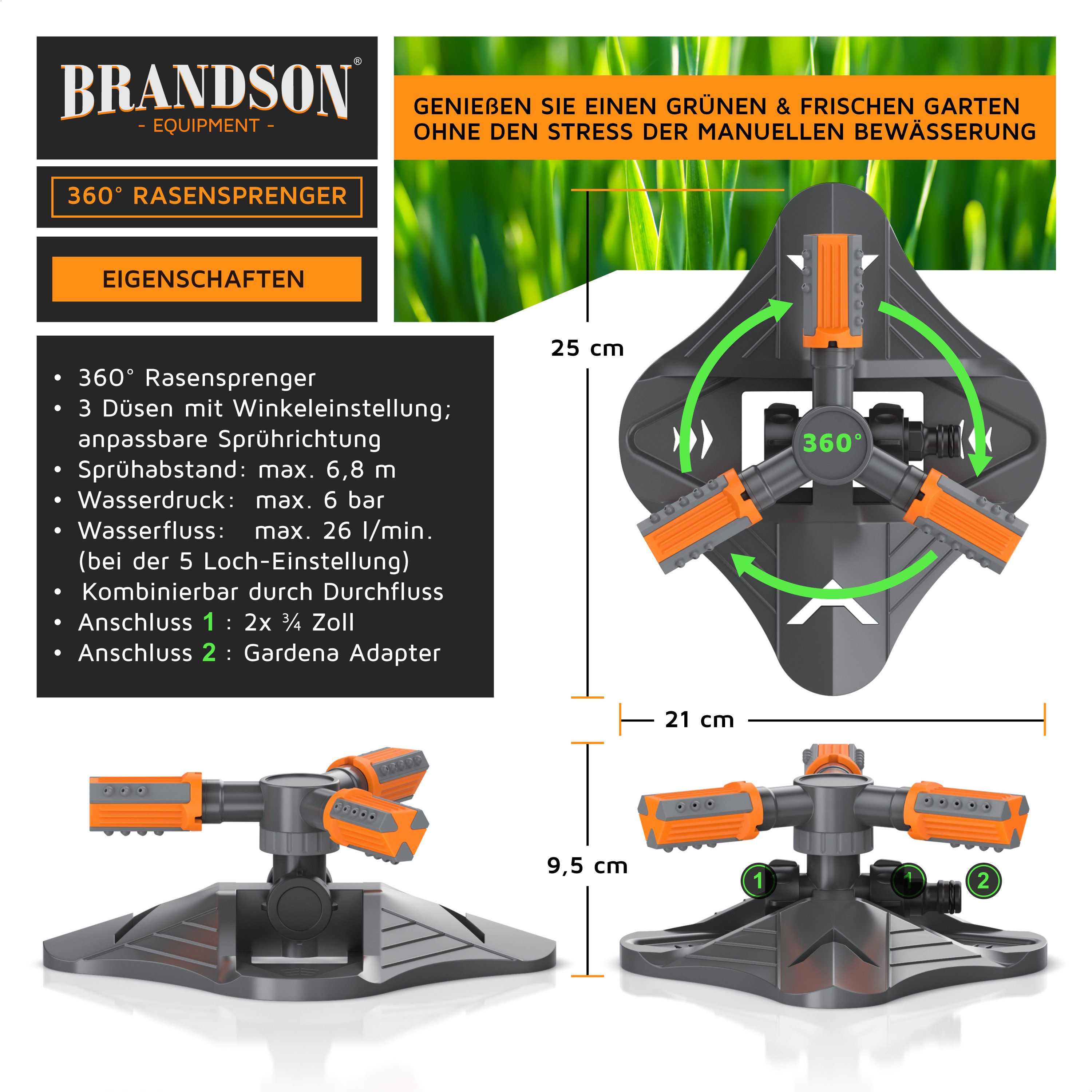 Brandson Kreisregner Garten Sprinkler, 360° Rasensprenger, 3 Arm Rasensnsprikler rotierend, 21 cm lang, (1-St), Sprenger Bewässerungssystem, Bewässerungsanlagen, Gardena kompatibel