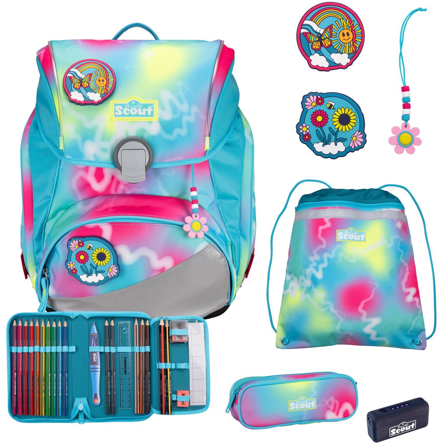 Scout Schulranzen Alpha Safety Light Schulranzen-Set 5 tlg. Happy Rainbow