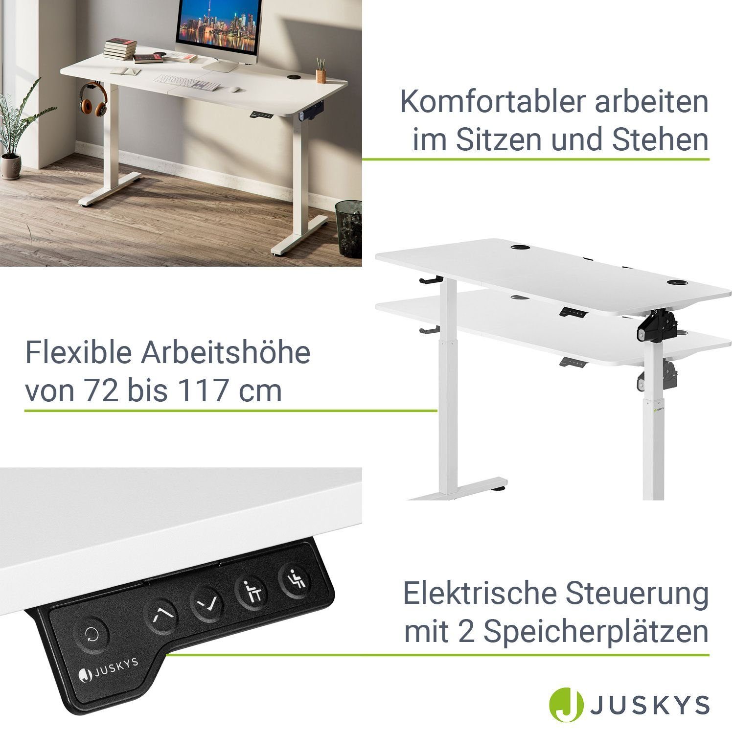 Juskys Schreibtisch elektrisch Office Kabelführung 120 Headset-Halterung, x Stand, Weiß verstellbar, 60 cm