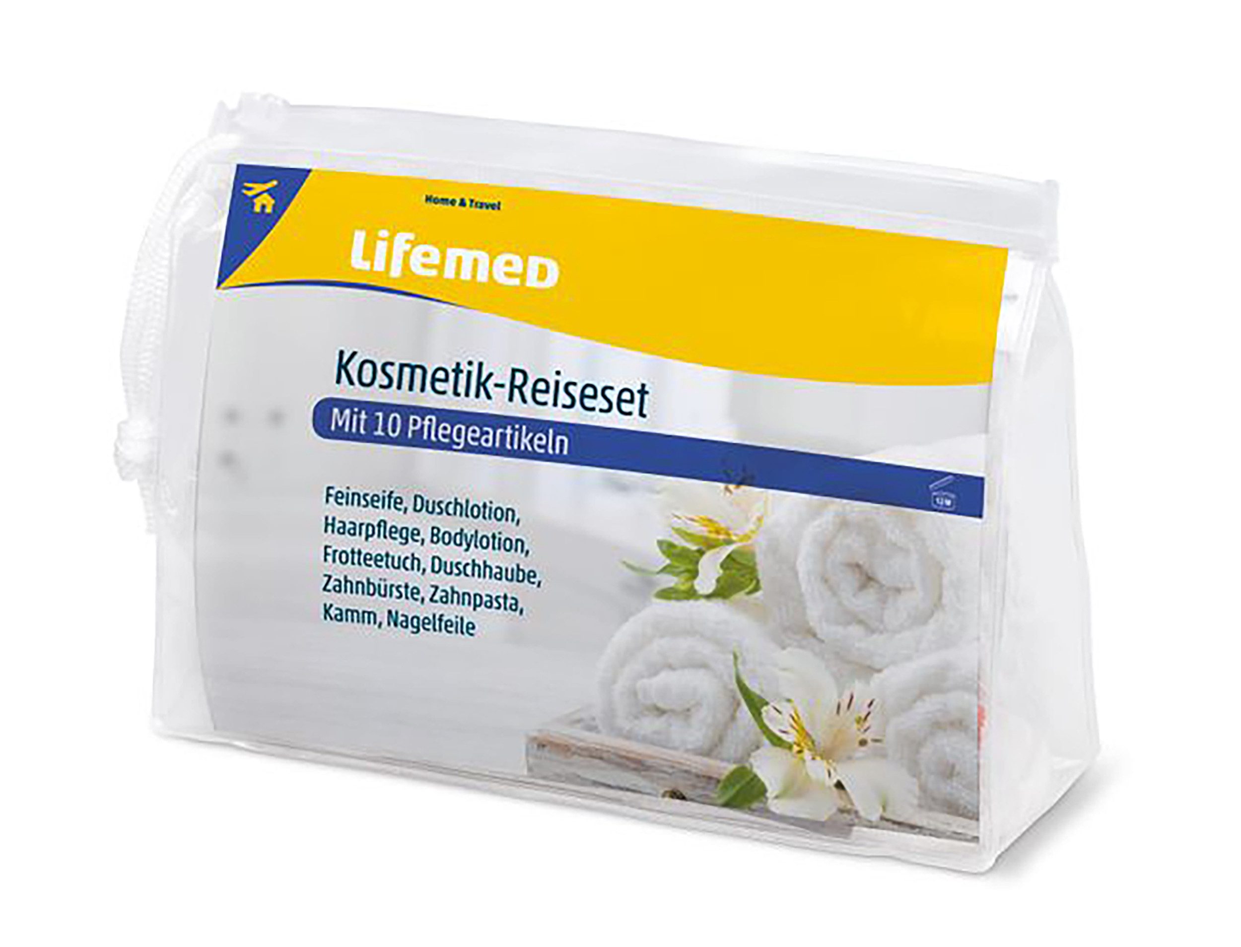 LifeMed Kosmetik-Set KOSMETIK-REISESET 10-teilig Etui Hautpflege Kosmetik Set Nagelfeile 66, 10-tlg., Seife Kamm Feinseife Duschlotion Haarshampoo Bodylotion Frotteetuch
