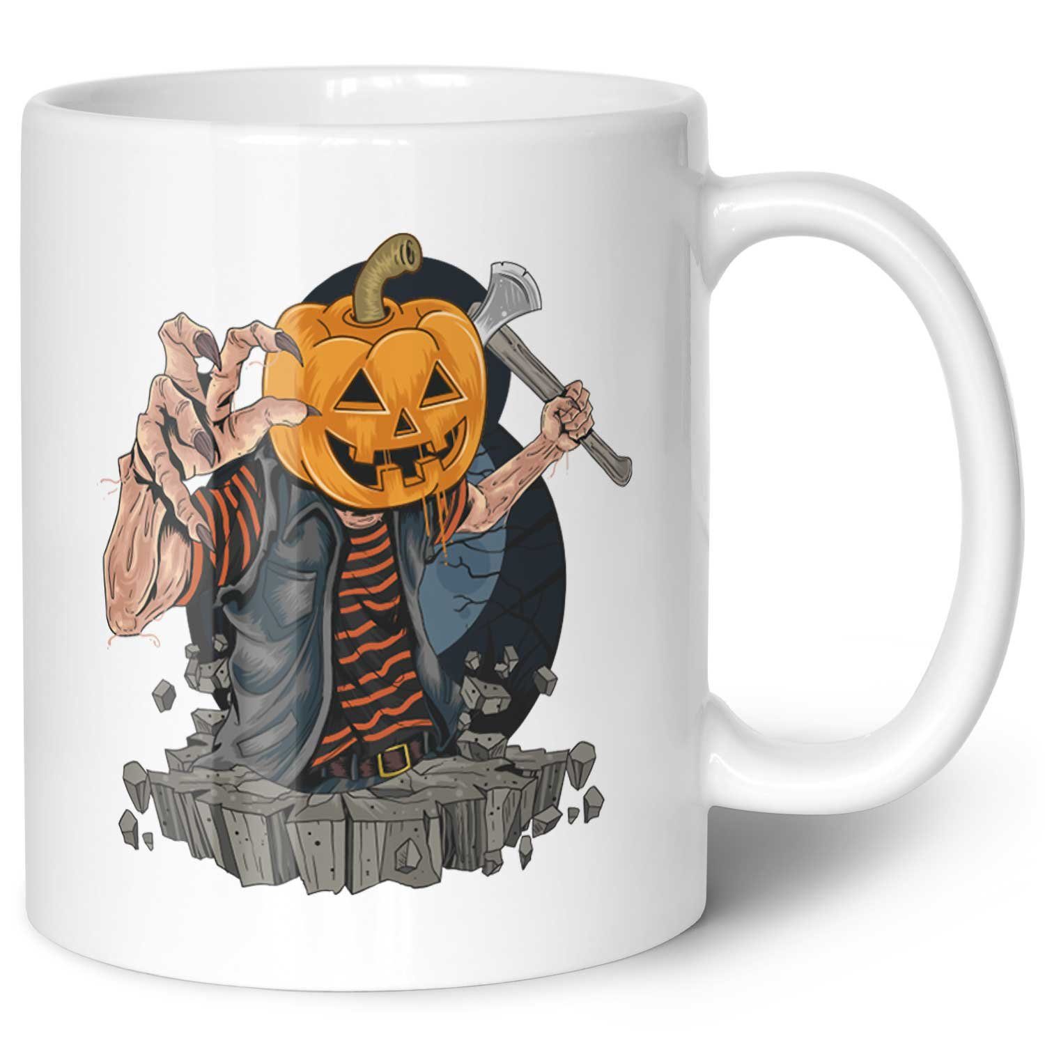 GRAVURZEILE Tasse mit Motiv im Kürbis Zombie Design, Keramik, Farbe: Weiß