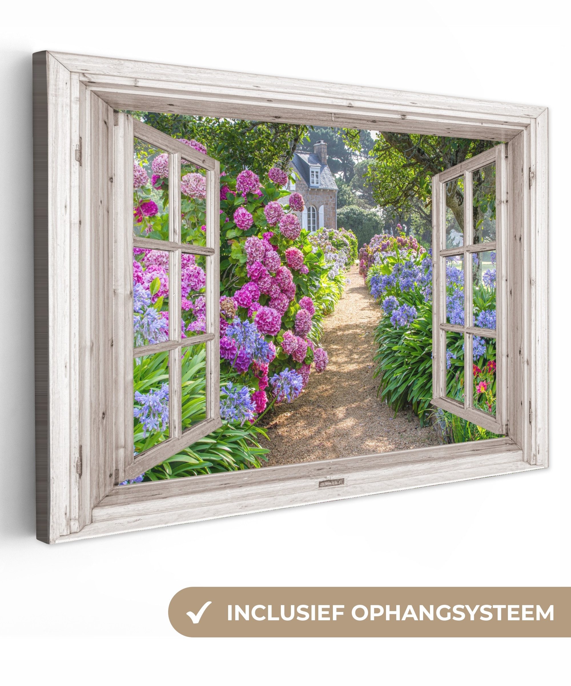 OneMillionCanvasses® Leinwandbild Hortensie - Fensterblick - Fenster - Blumen - Sommer - Lila - Weg, Fotodruck (1 St), Leinwand Bilder Klein, Wand Dekoration Aesthetic 30x20 cm