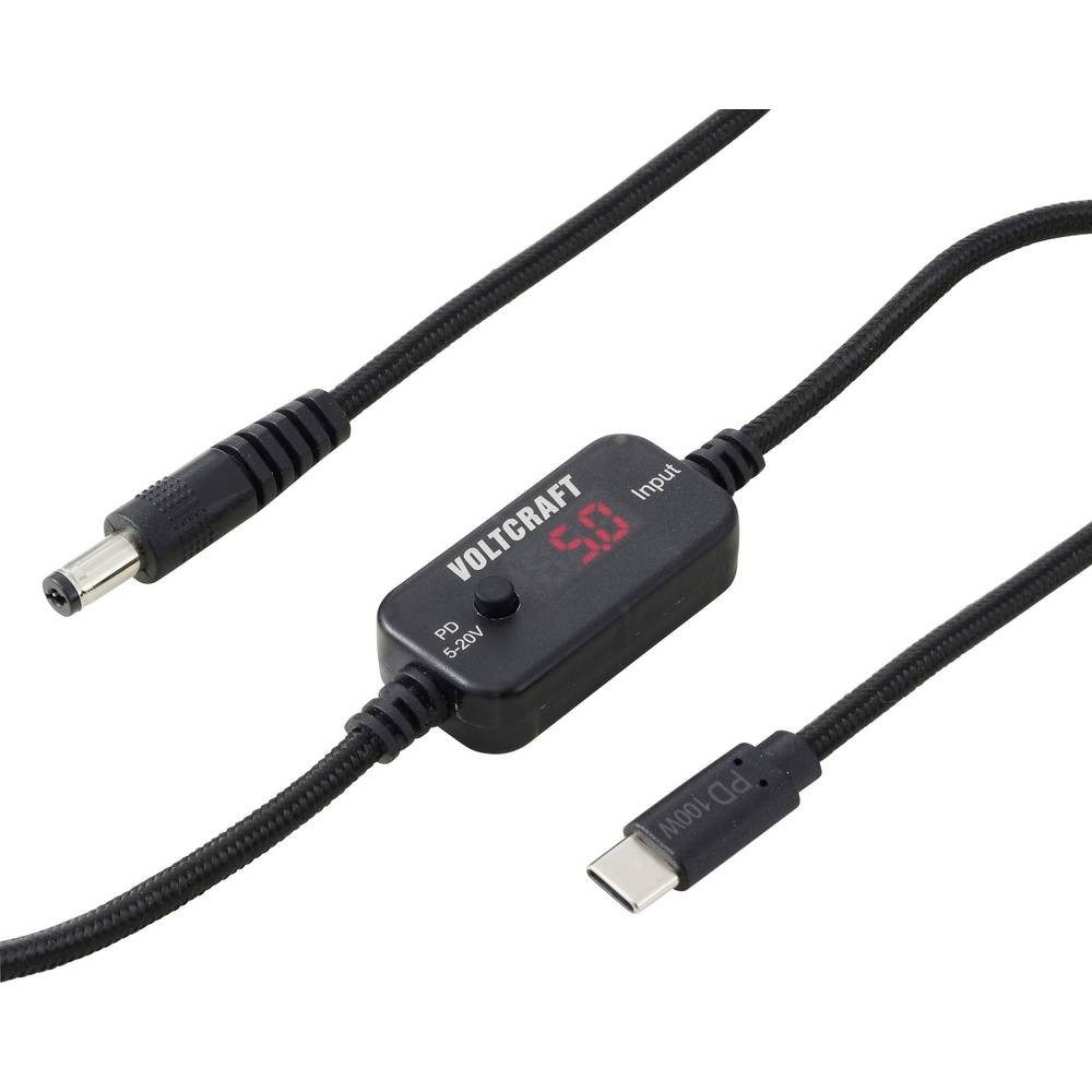 VOLTCRAFT USB Spannungswandler Hohlstecker 5.5 x 2.1 mm Schwarz USB-C® PD/DC USB-Ladegerät (USB-C® PD/DC Wandler, Ausgangsspannung regelbar, mit DC-Adapter)