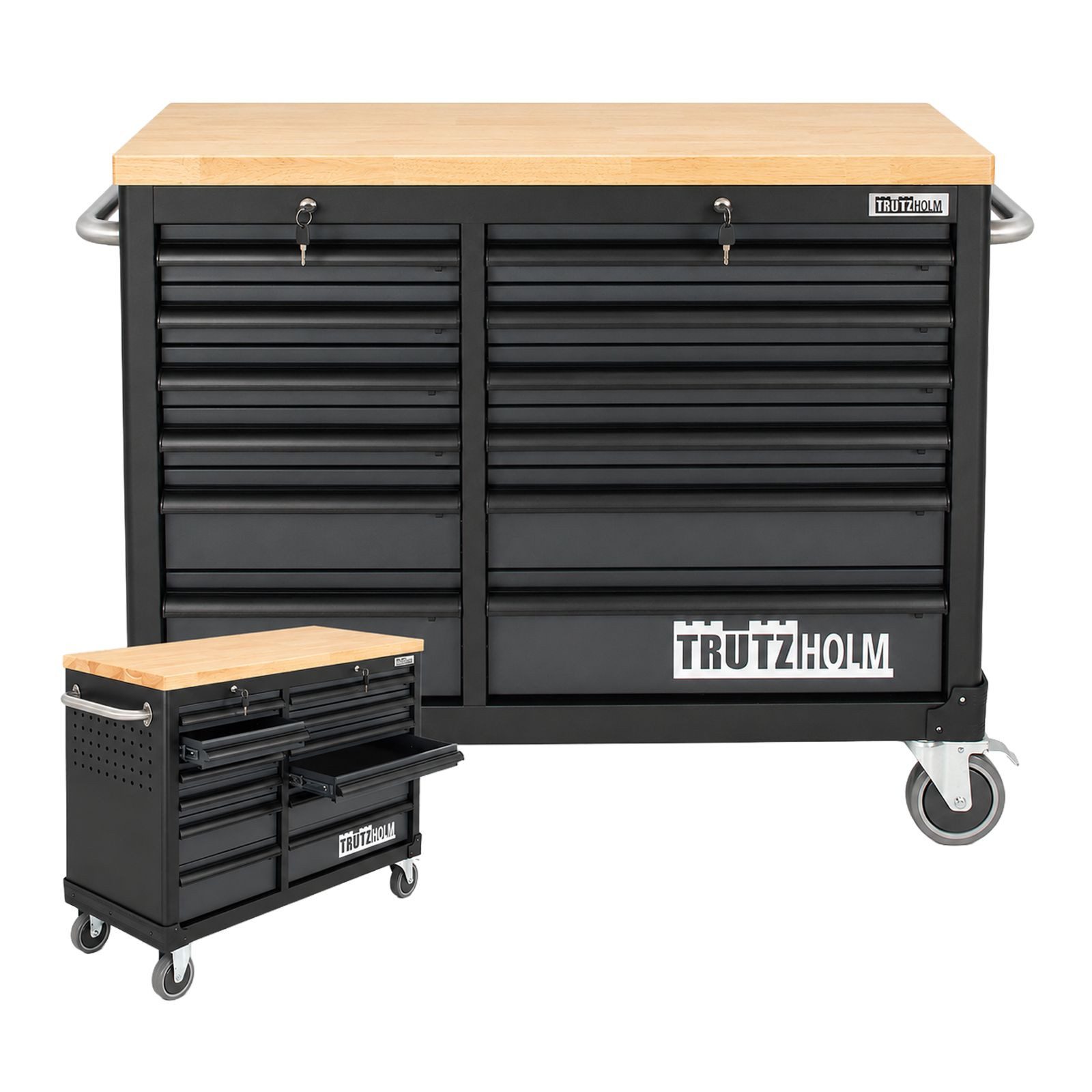 TRUTZHOLM Werkstattwagen DELUXE 12 Schubladen 123 cm Breite unbestückt massiver Arbeitsplatte, Profi Schubladenauszüge bis 40kg Tragkraft, Anthrazit/grau